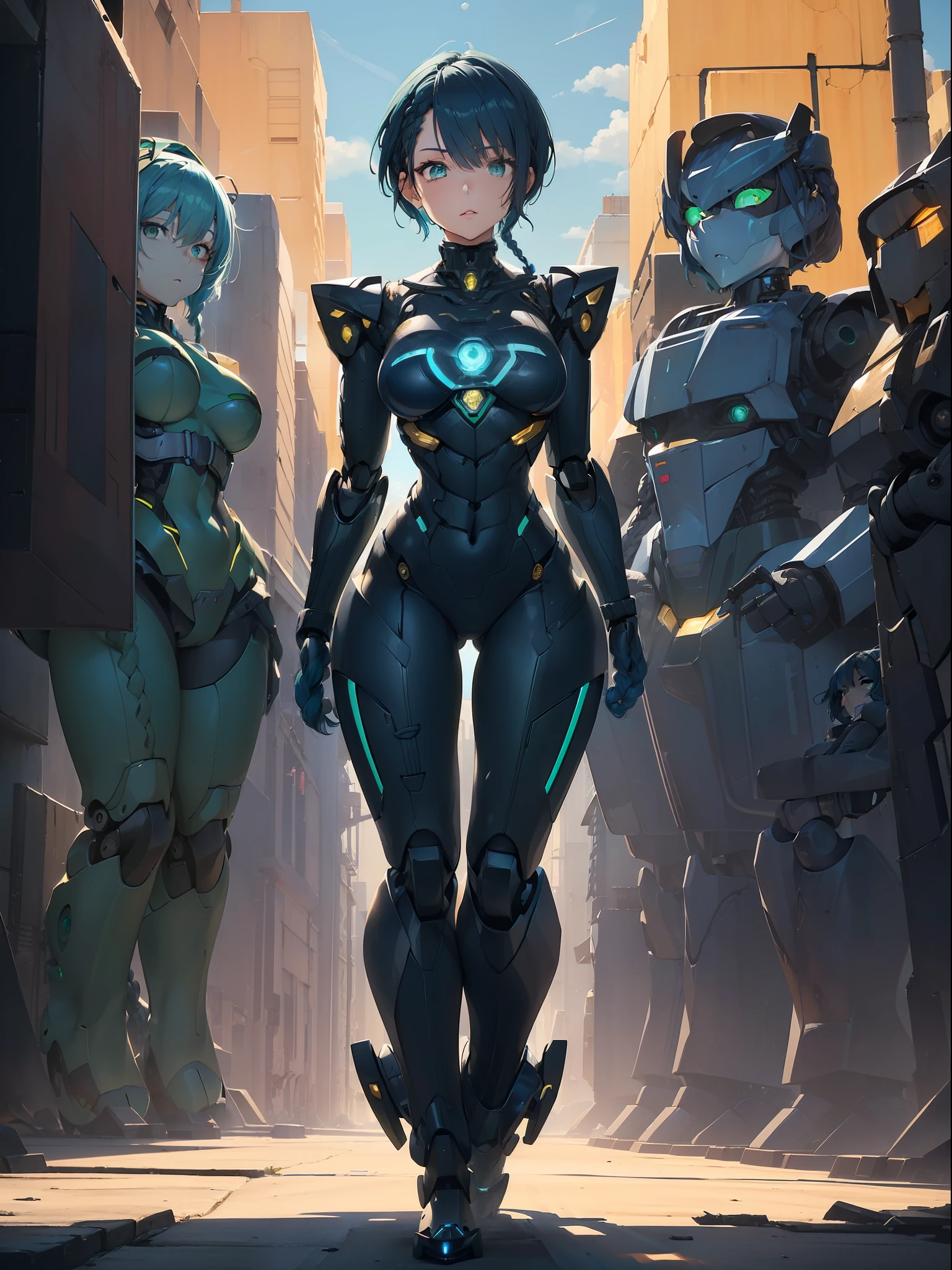 ((full body):1.5) (({1/woman})1.3). Only {1/woman}: ((Wearing black mecha with golden parts, extremely tight on the body):1.3).  Just {1/woman}: ((doing sensual poses for the standing viewer):1.3). In a futuristic city completely destroyed with fire in the buildings and ((several robots running behind):1.4) of only {1/woman}. Only {1/woman} has ((very short blue hair with braids, green eyes):1.3)