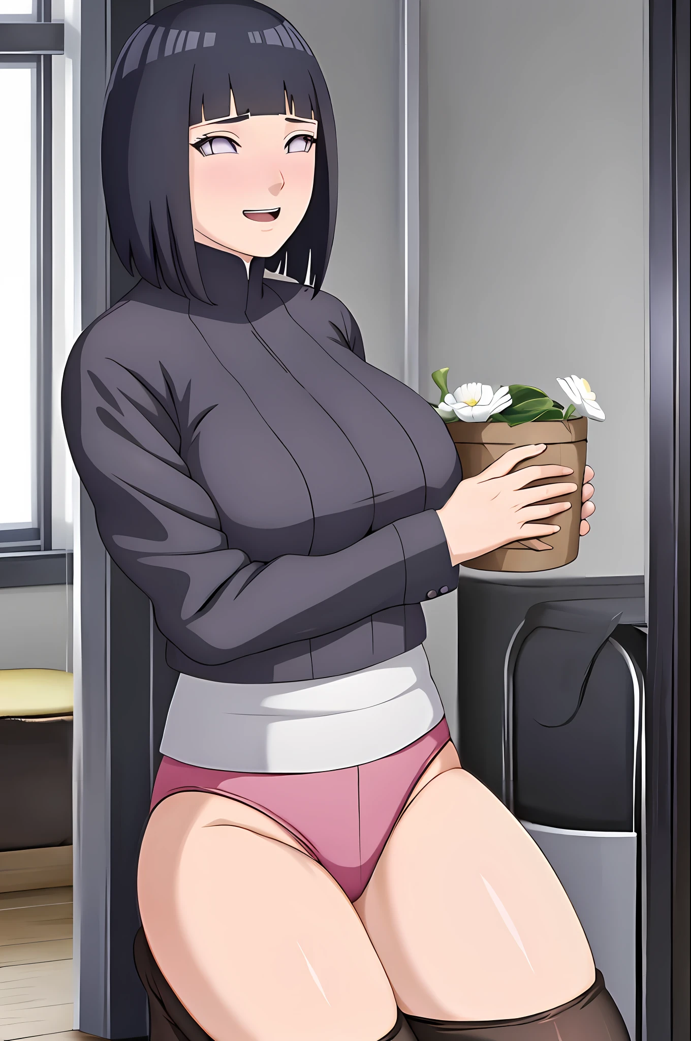 masterpiece, best quality, 1girle,solo, hinata\(boruto\),looked at the audience,light blush, laughing,huge breasts, bouncing breasts,garreg mach monastery uniform,black pantyhose,
