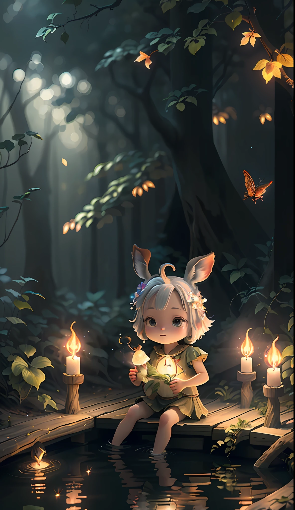 Masterpiece, best quality, (very detailed CG unity 8k wallpaper), (best quality), (best illustration), (best shadows), glow sprite, with a glowing deer, in the swimming pool Drinking water, natural elements in the forest theme. Mysterious forest, beautiful forest, nature, surrounded by flowers, delicate leaves and branches surrounded by fireflies (natural elements), (jungle theme), (leaves), (twigs), (fireflies), (particle effects) etc. 3D , Octane rendering, ray tracing, super detailed