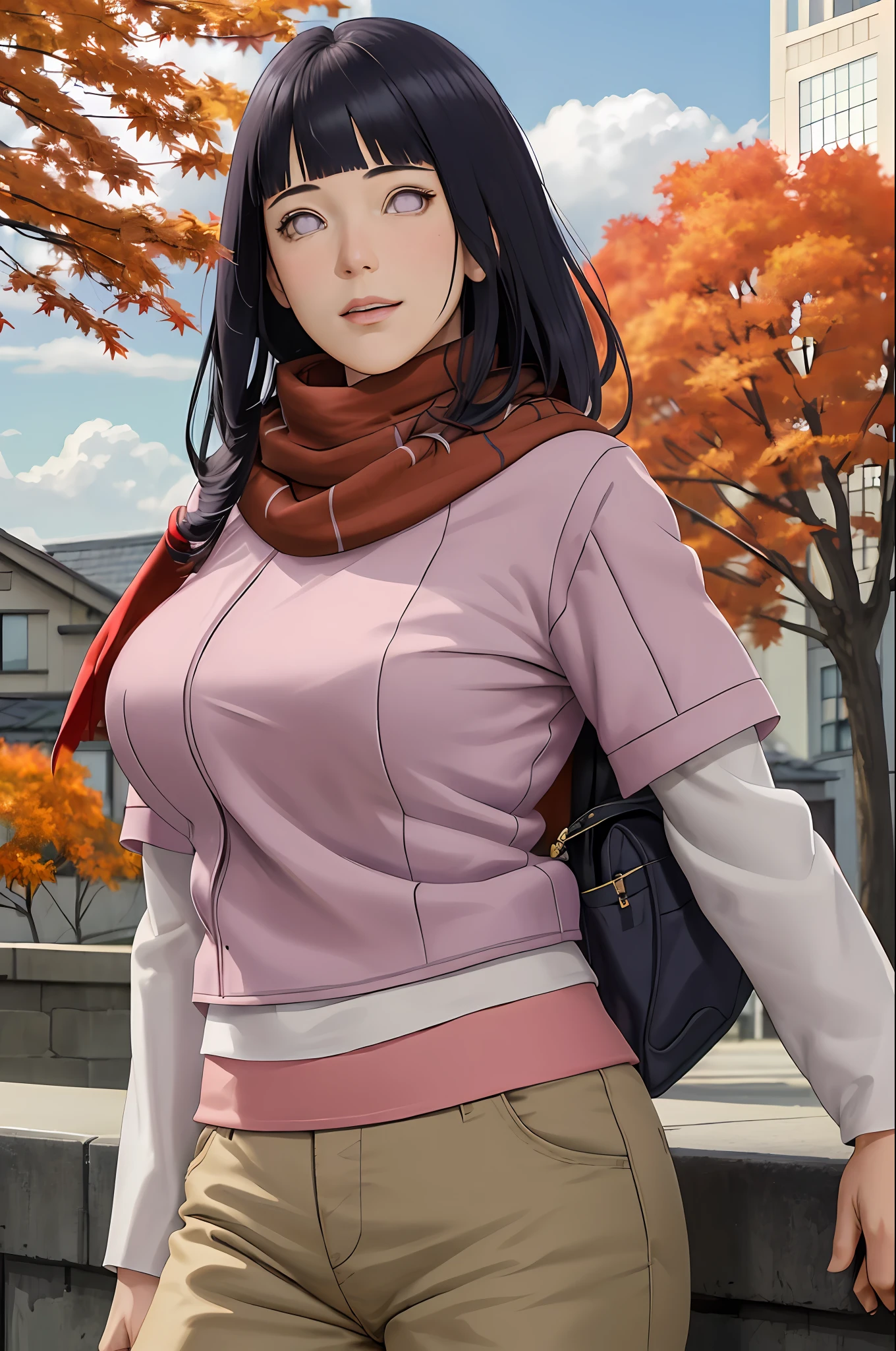 masterpiece, absurdres, hinata\(boruto\), 1girl, solo,mature female, purple hoodie,layered sleeves, brown pants, outdoors,maple trees, ((autumn)), looking at viewer, (falling maple), cloudy sky, perfect composition, detailed lips, big breast, beautiful face, body propotion, blush, (pink lips), long hair, purple eyes, soft gaze, sad smile, (((long red scarf))), super realistic, realistic face and body, super beautiful, pretty face, detailed, photoshoot, soft aura, sexy body