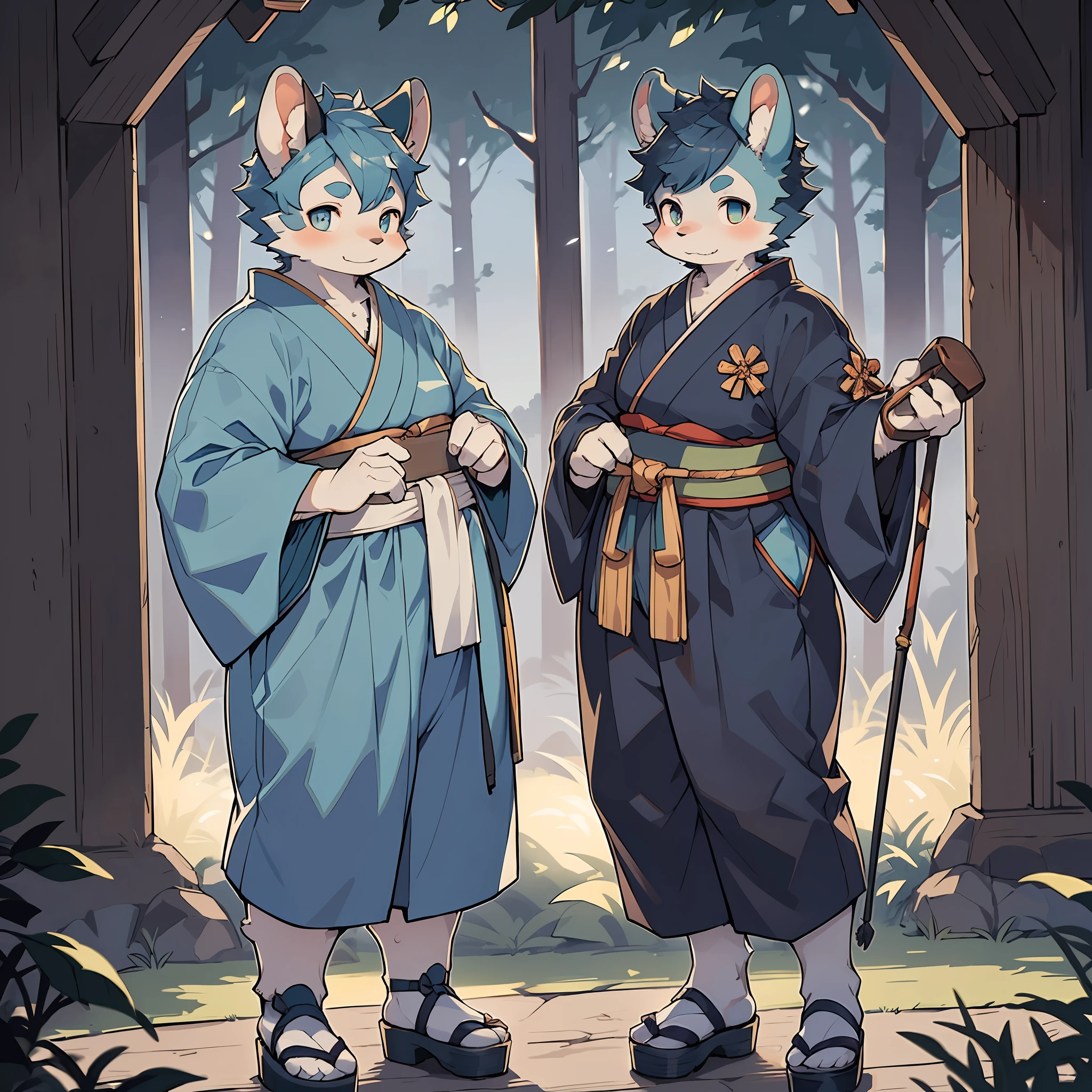 Master work, best image quality, 8k resolution, high detail, depth of field, male, (fat), (orc), thick eyebrows, short eyebrows, (bear ears), (clogs), stout, ((blue hair)), ((Japanese clothing)), flexible pose, looking away, summer night, centered composition, bright colors, mood lighting, volumetric light, cinematic lighting