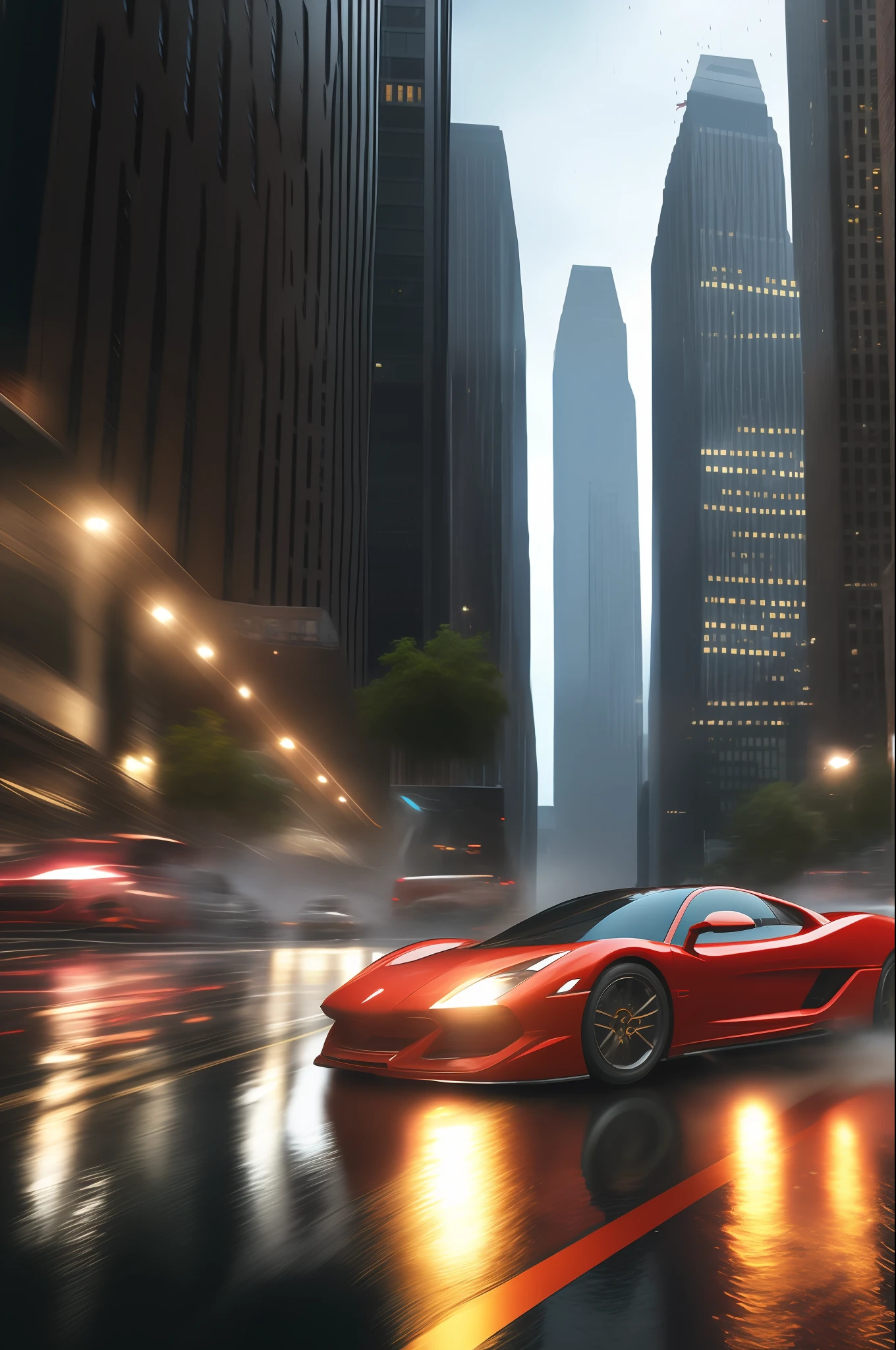 The best picture quality, super high detail, realistic performance, realistic lighting, God cursor, vehicles passing through city streets, tall buildings on both sides, water rushing, raindrop covering, CarHelper HyperFluid.
