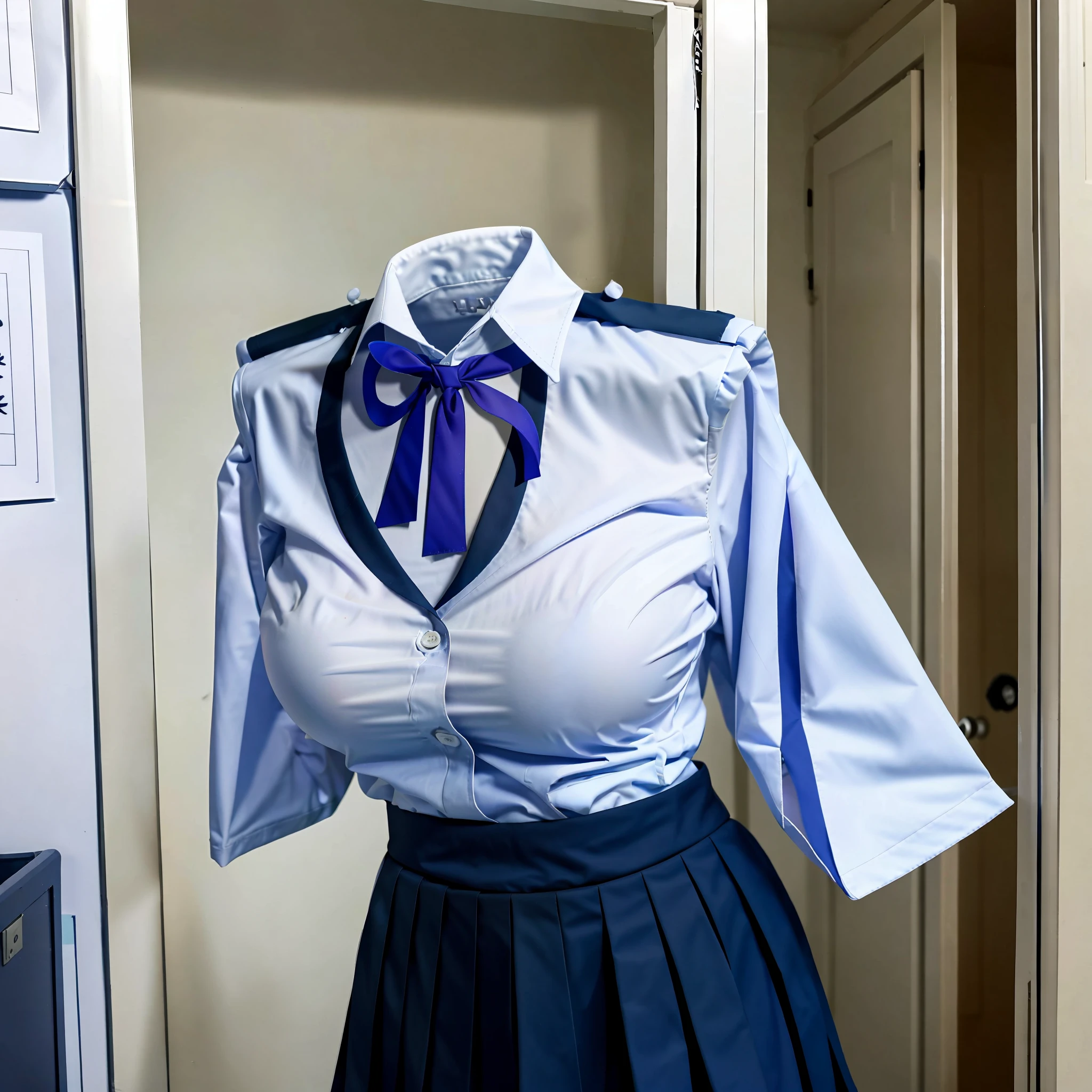 school uniforms in the closet raise their sleeves as if invisible girl wear them, school uniforms swells as if possessed by invisible girls, school uniforms have huge breasts and cleavage, (((no humans))), (headless), faceless, invisible girls, jk ribbon on the neck,