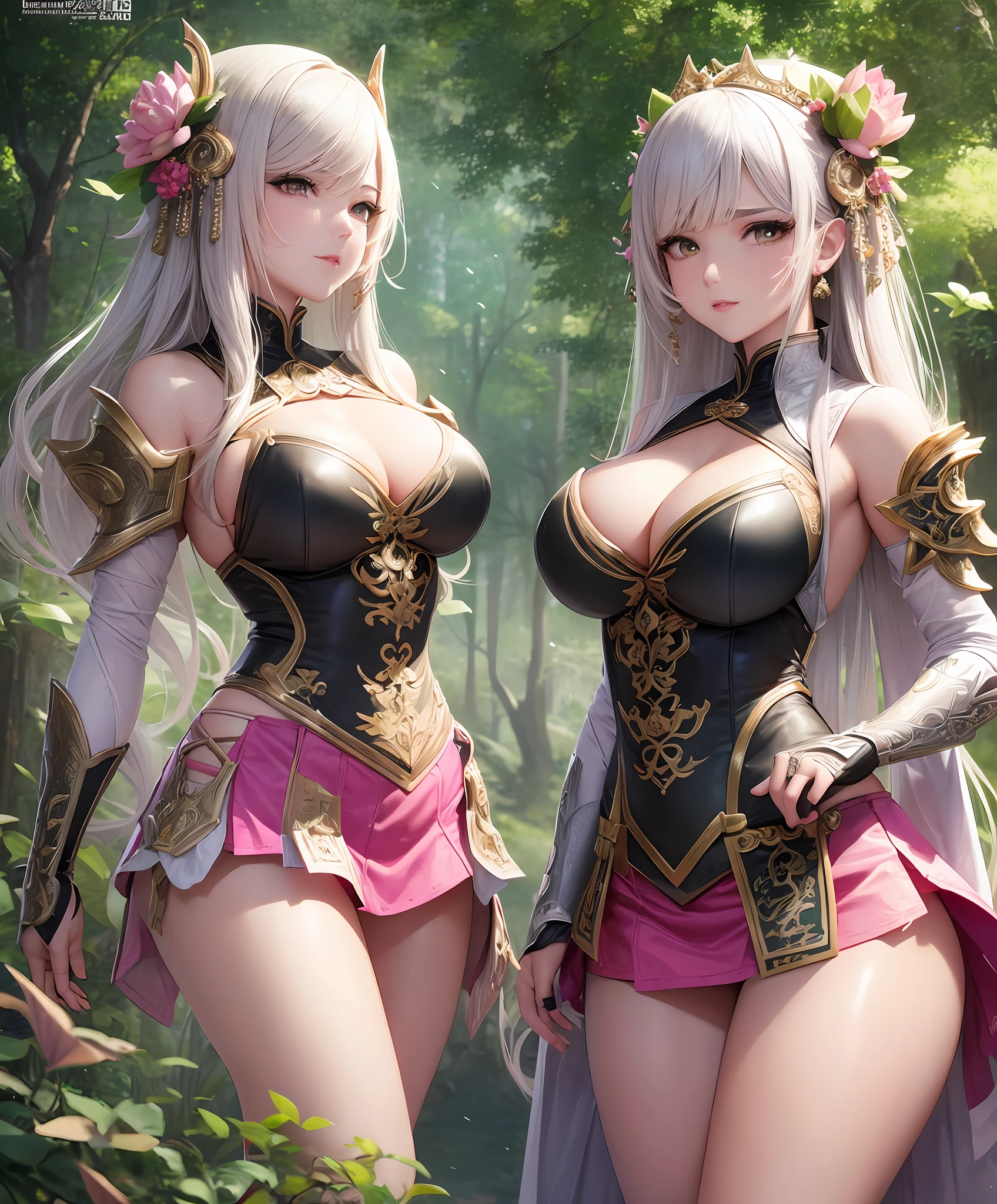 a sexy woman in a white gold pink green lotus lace armor skirt, chengwei pan on artstation, by Yang J, detailed fantasy art, stunning character art, fanart best artstation, epic exquisite character art, beautiful armor, extremely detailed artgerm, detailed digital anime art, artgerm on artstation pixiv, armor girl, cleavage big breasts:1.2, (mini skirt:1.5), --auto --s2