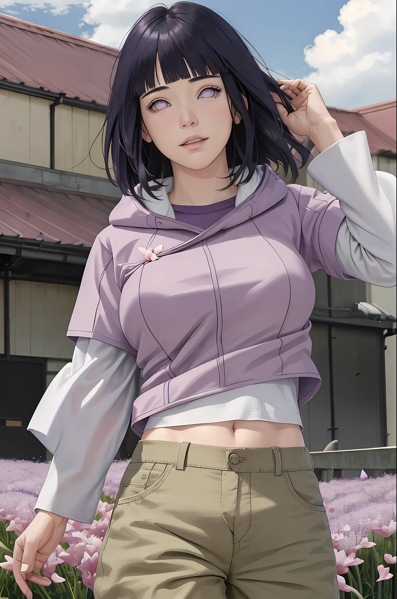 masterpiece, absurdres, hinata\(boruto\), 1girl, solo,mature female, purple hoodie,layered sleeves, brown pants, outdoors,lavender flower field, looking at viewer, (falling petals), cloudy sky, perfect composition, detailed lips, big breast, beautiful face, body propotion, blush, (pink lips), long hair, purple eyes, soft gaze, sad smile, super realistic, detailed, photoshoot, realistic face and body, realistic hair