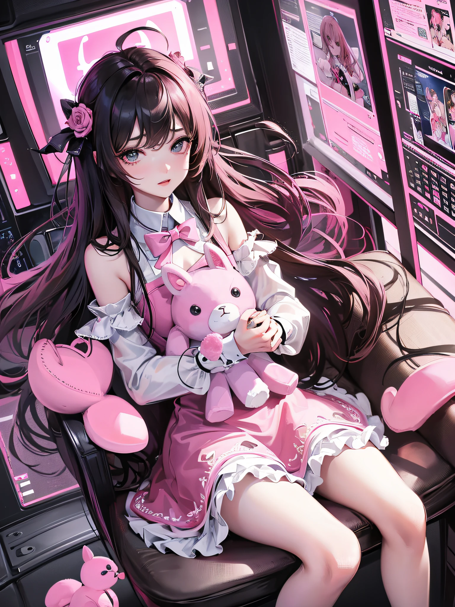 Ultra High definition, Retina screen, A Masterpiece, One Girl, Wearing a pink dress, sit in chair, Plush toy holding pink rabbit, pink theme