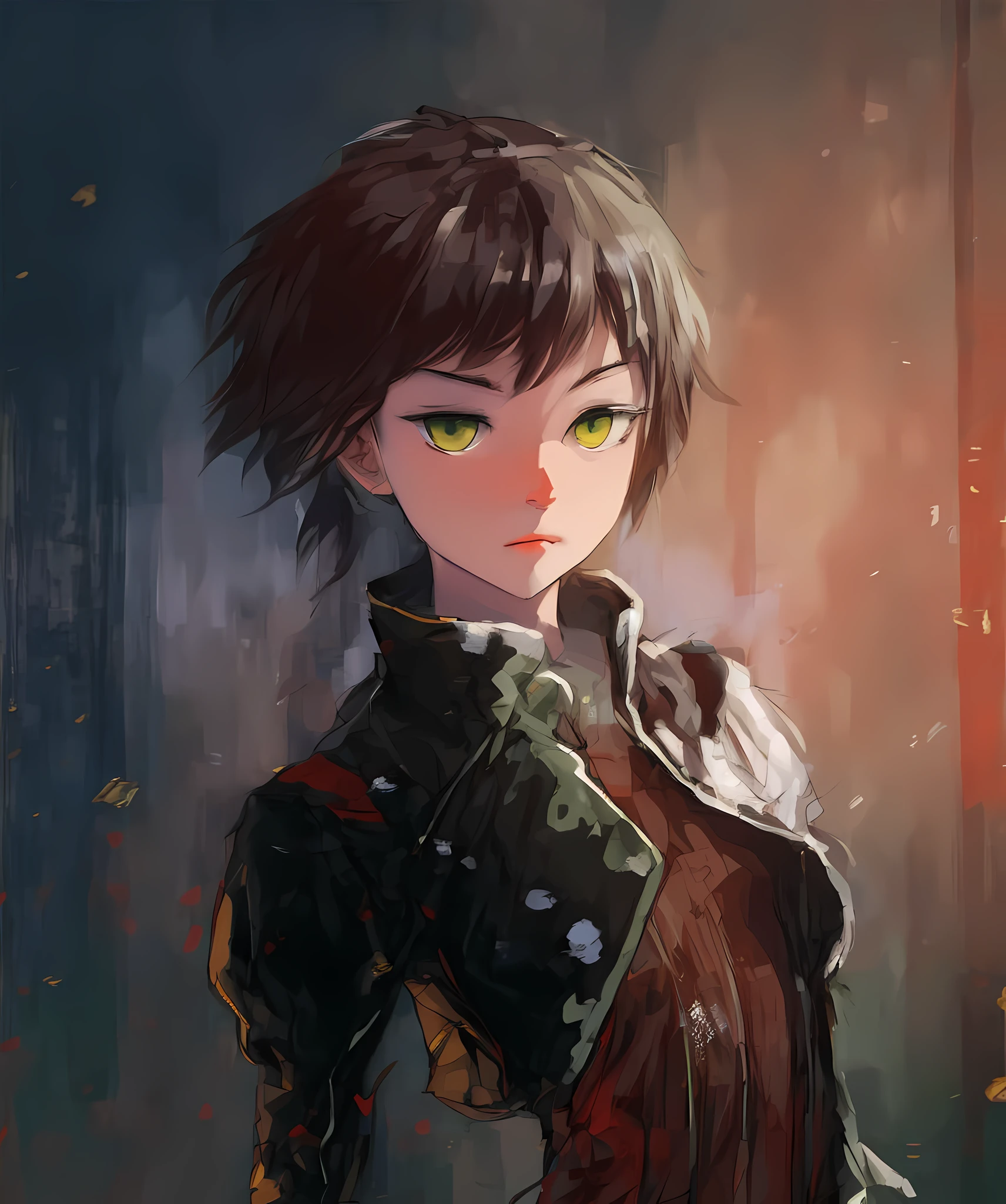 (Best Quality, Masterpiece), 1girl, a painting of a woman with green eyes and a leather jacket, Gouvitz style artwork, beautiful character painting, made with Anime Painter Studio, Persona 5 Art style WLOP, digital art in anime style, Makoto Shinkai (apex legend), drawn in anime painter studio, detailed digital anime art, detailed portraits of anime girls, digital anime art