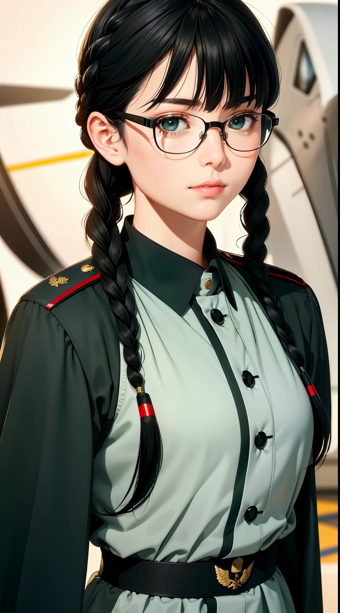 Modest outfit, remote shot, detailed beautiful delicate face, detailed beautiful delicate eyes, perfect facial proportions, high-definition skin, fine skin, four-inch best ratio. With one thumb, a masterpiece, highly detailed, realistic, (World War II German general uniform reference : 1.8), the highest face resolution, adult, modestly dressed woman, dressed entirely, ( small, black hair, black straight bangs, super fine braids, straight bangs, red glasses, dark green eyes), future, science fiction, fighter plane, standing On the landing of a fighter plane, the government agency, a deep intelligent personality, a calm expression, a respectful face, a war, a fighter plane