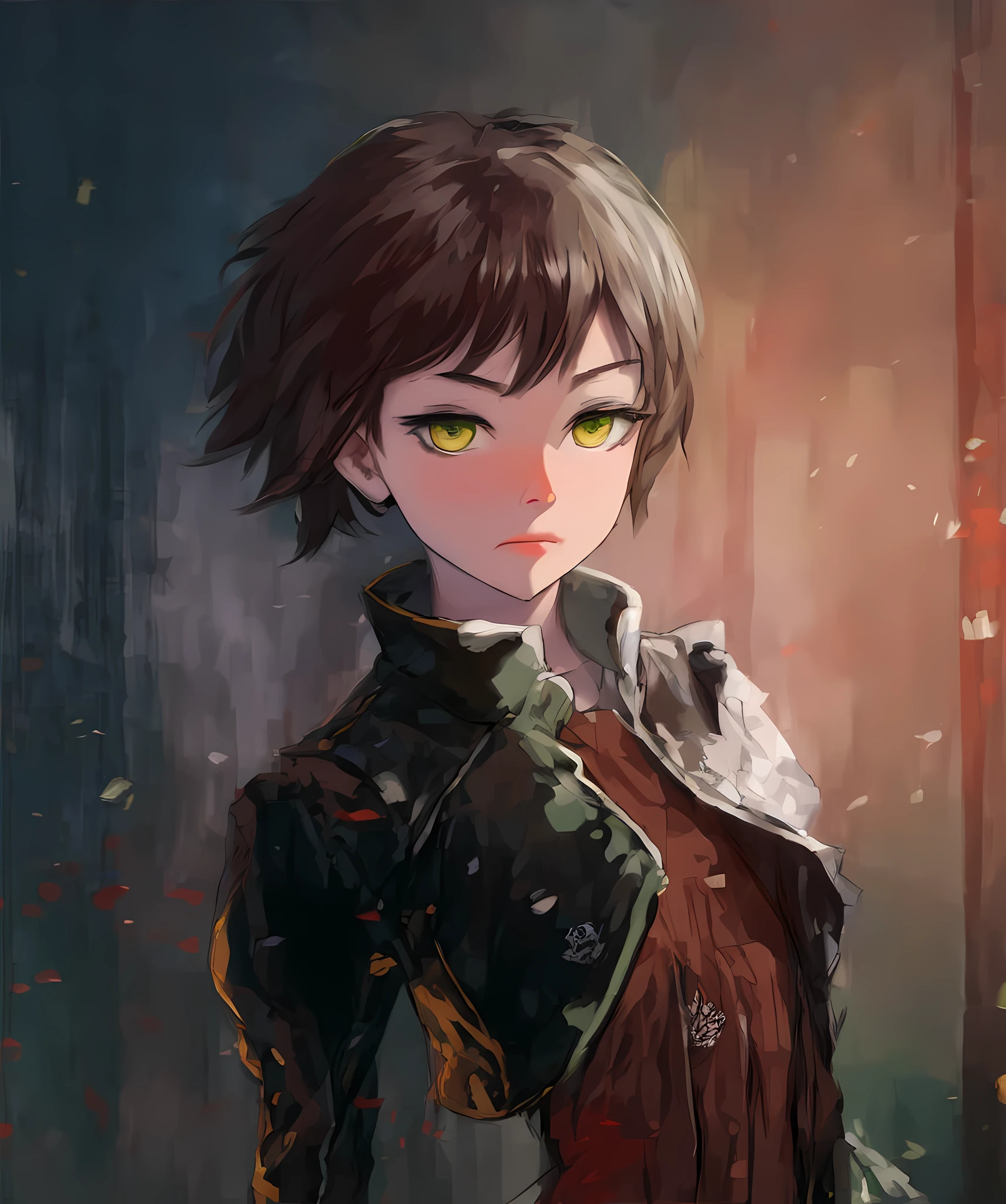 (Best Quality, Masterpiece), 1girl, a painting of a woman with green eyes and a leather jacket, Gouvitz style artwork, beautiful character painting, made with Anime Painter Studio, Persona 5 Art style WLOP, digital art in anime style, Makoto Shinkai (apex legend), drawn in anime painter studio, detailed digital anime art, detailed portraits of anime girls, digital anime art