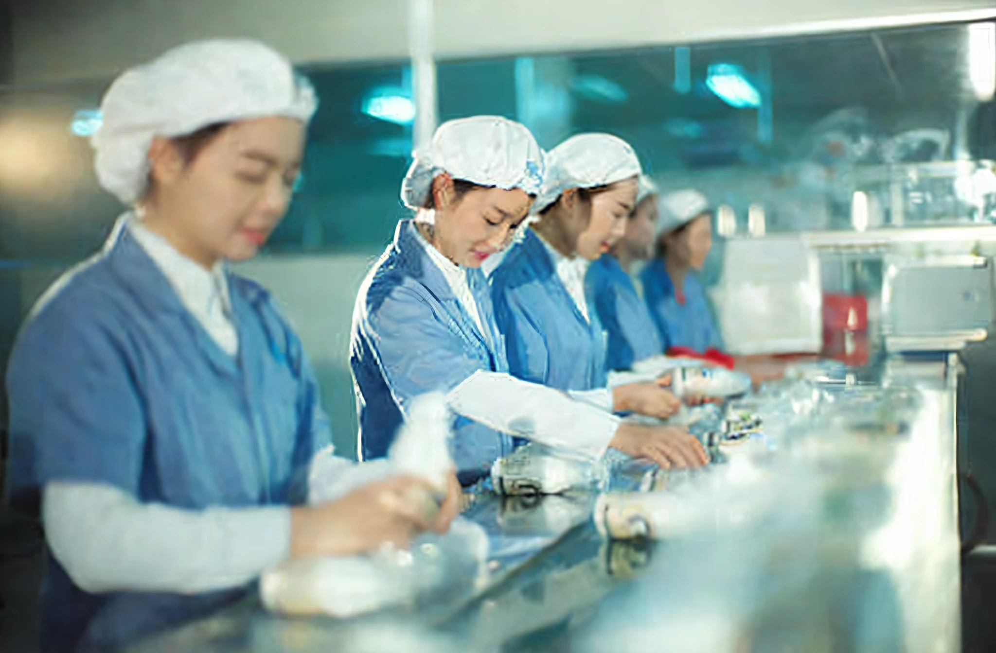 arafed workers in a factory preparing food for customers, manufacturing, workers, description, stock image, profile pic, plating, small manufacture, superior quality, in a factory, chinese, spectacular quality, by Kim Du-ryang, industries, korean, stock photo, by Nicolette Macnamara, mingchen shen, skilled, kim hyun joo