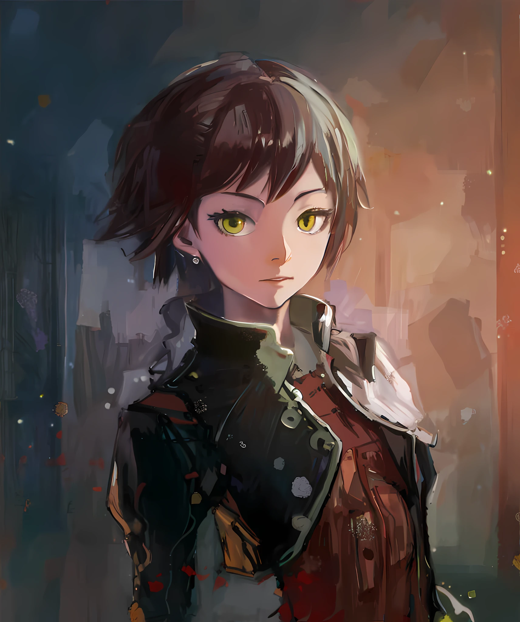 (Best Quality, Masterpiece), 1girl, a painting of a woman with green eyes and a leather jacket, Gouvitz style artwork, beautiful character painting, made with Anime Painter Studio, Persona 5 Art style WLOP, digital art in anime style, Makoto Shinkai (apex legend), drawn in anime painter studio, detailed digital anime art, detailed portraits of anime girls, digital anime art