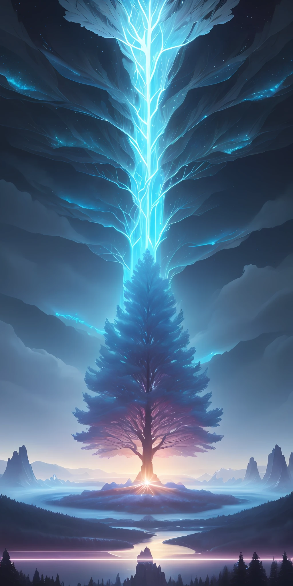 Illustration of a hyperrealistic , otherworldly, ultrasky scene featuring a giant crystal tree full body,very detailed and magical lighting, intricate forest details, vegetation and river around, solarpunk ,landscape, giant tree, beatifull leafy with beautiful lighting and realistic proportions, as if it were a cinematic background, 8k, highest quality, masterpiece, clouds and stars in the sky.