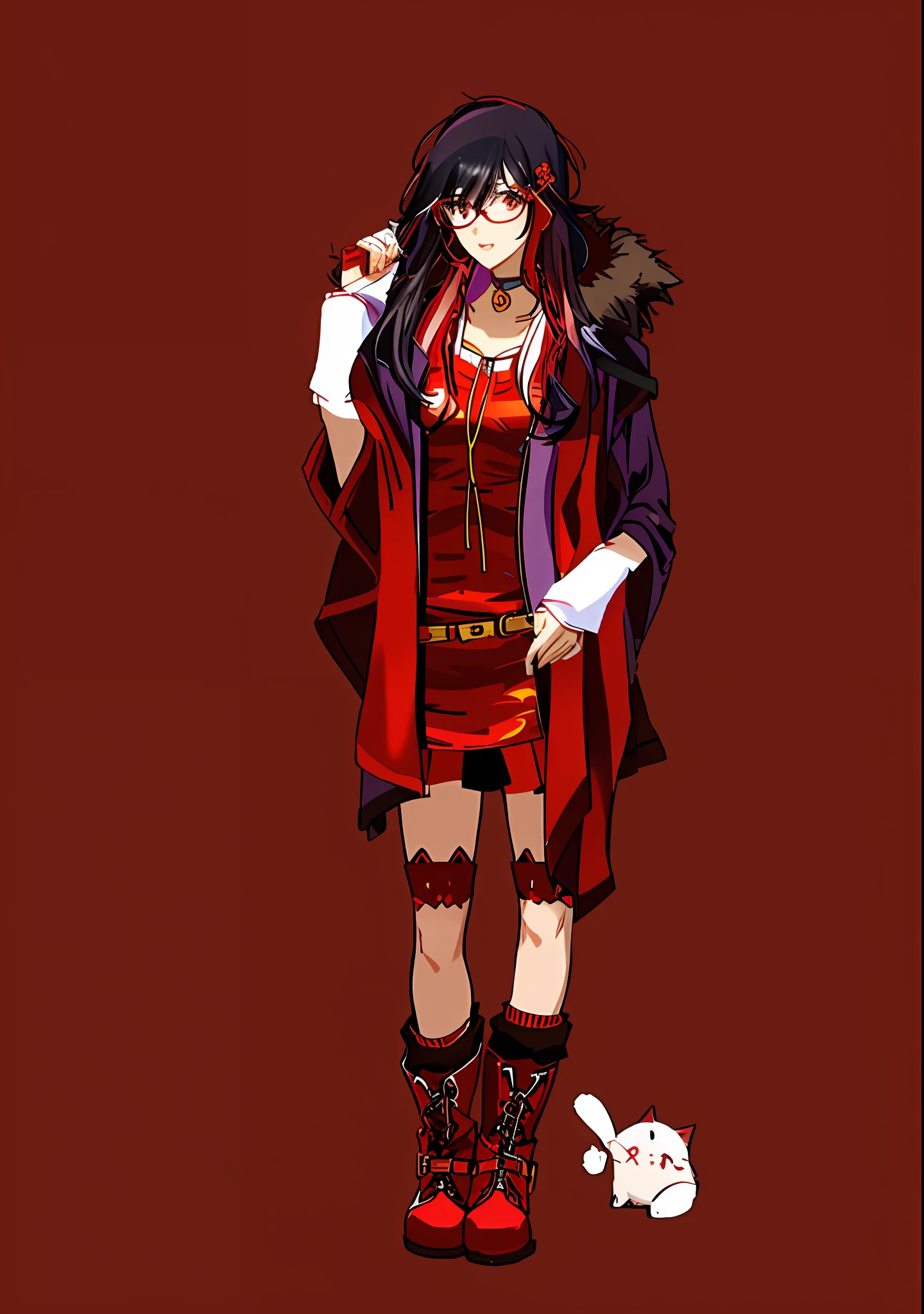 an asian girl with black hair and red highlights. she is wearing red glasses. she is wearing a purple jacket and a red dress. she is wearing a black chocker with a velvet jewel. she is wearing some black cat high thigh stockings. she is wearing black boots and velvet socks