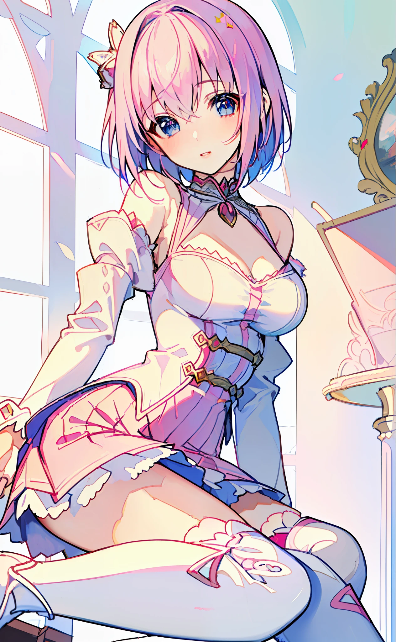 18 year old beautiful girl, ((((Masterpiece)))), ((Best quality)))), ((((Very detailed))), detailed fingers, illustration, 1 girl, Solo, Sae eyes, Blue eyes, Pink bob cut, Shoulder out, Wide open chest, Red mini skirt, pink knee socks, White long boots, Large breasts, Royal Elegant Pose, YUI