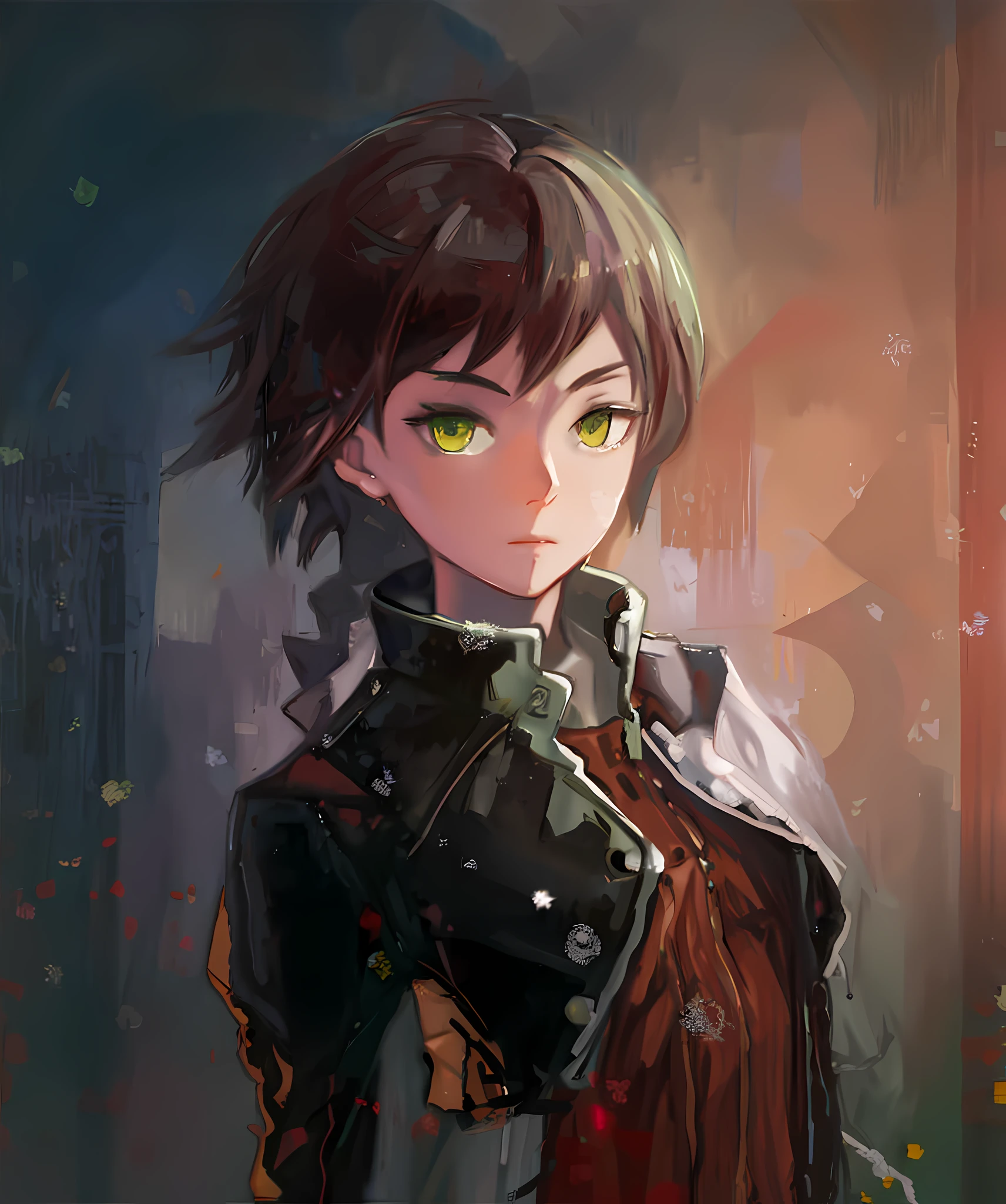 (Best Quality, Masterpiece), 1girl, a painting of a woman with green eyes and a leather jacket, Gouvitz style artwork, beautiful character painting, made with Anime Painter Studio, Persona 5 Art style WLOP, digital art in anime style, Makoto Shinkai (apex legend), drawn in anime painter studio, detailed digital anime art, detailed portraits of anime girls, digital anime art