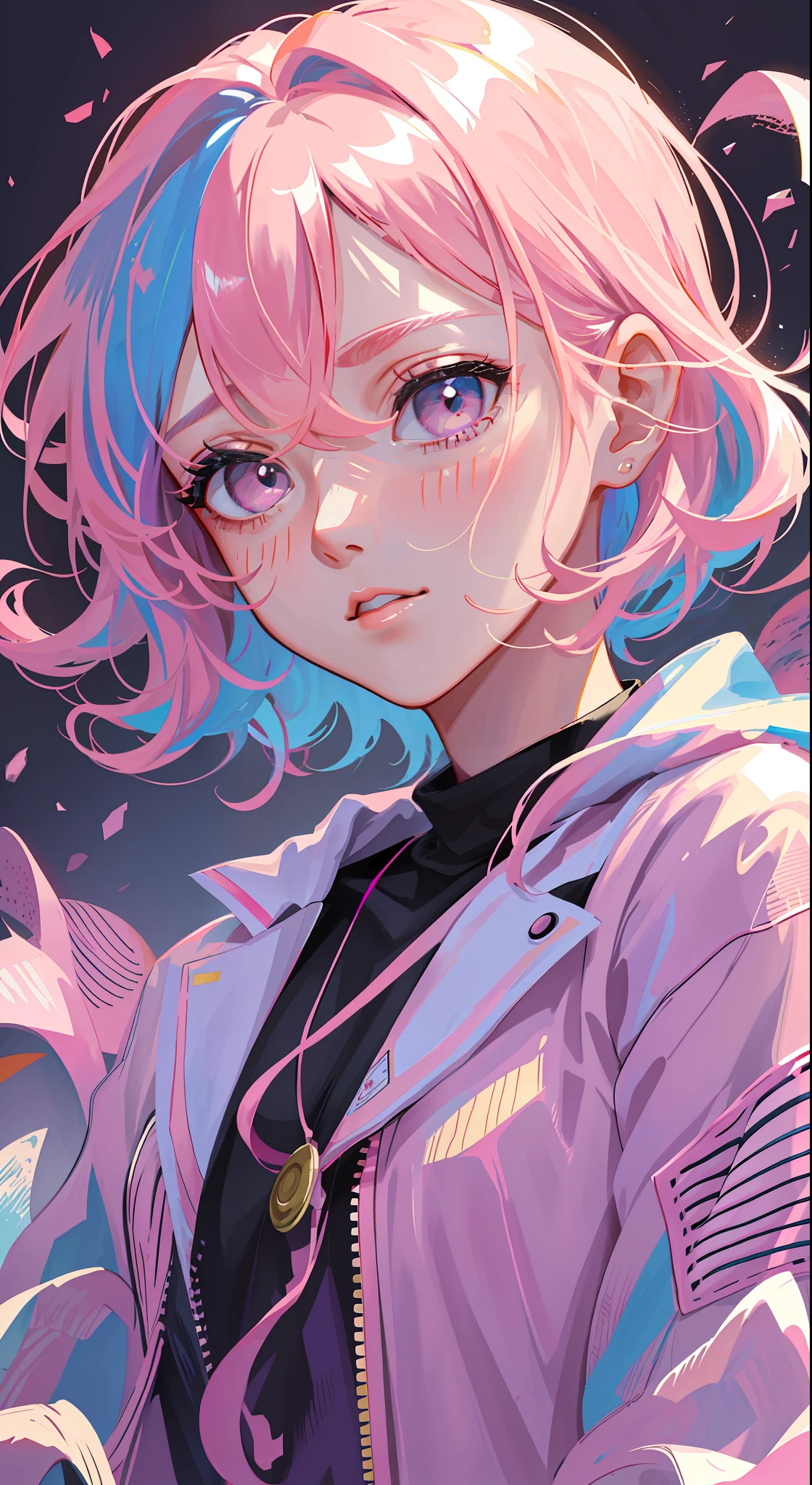 Beautiful girl, pink hair , pink eyes, short hair, (masterpiece), (best quality), (ultra detailed),(disheveled hair),(illustration), (1girl), (Fashionable clothing), standing,Fashion model,looking at viewer, (interview), (simple background),beautifuldetailedeyes,delicate beautiful face,Floating,(high saturation),(colorful splashes),colorful bubble,(shining),focus on face,