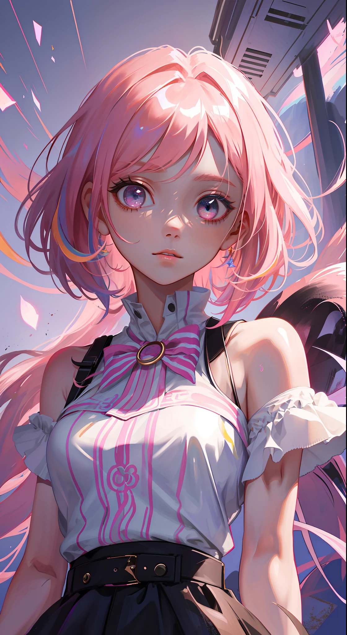 Beautiful girl, pink hair , pink eyes, short hair, (masterpiece), (best quality), (ultra detailed),(disheveled hair),(illustration), (1girl), (Fashionable clothing), standing,Fashion model,looking at viewer, (interview), (simple background),beautifuldetailedeyes,delicate beautiful face,Floating,(high saturation),(colorful splashes),colorful bubble,(shining),focus on face,