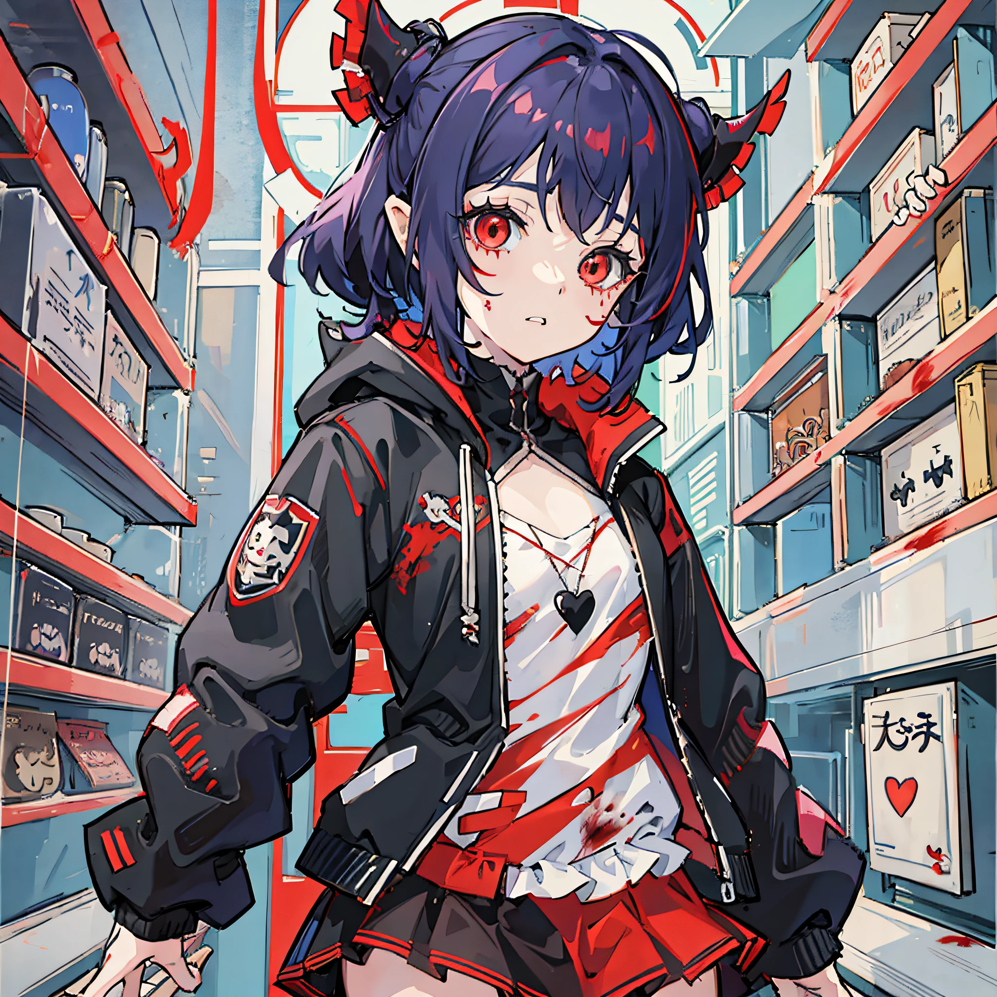 anime girl with blood on her face and a knife in her hand, demon anime girl, small loli girl, small curvy loli, lolish, ((red)) baggy eyes, anime monster girl, neferpitou, demon girl, guweiz, loli, anime styled 3d, [[[[grinning evily]]]]