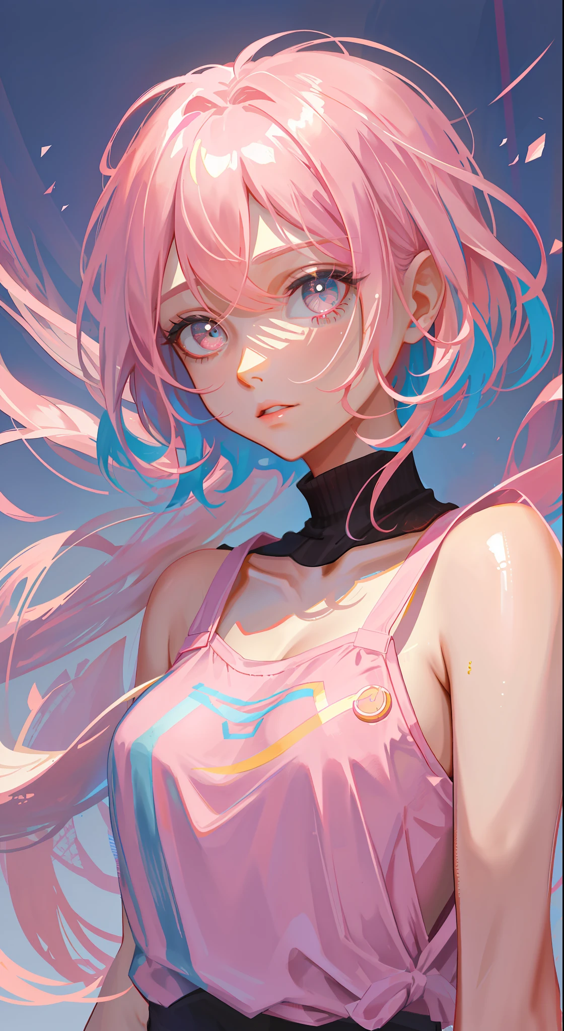 Beautiful girl, pink hair , pink eyes, short hair, (masterpiece), (best quality), (ultra detailed),(disheveled hair),(illustration), (1girl), (Fashionable clothing), standing,Fashion model,looking at viewer, (interview), (simple background),beautifuldetailedeyes,delicate beautiful face,Floating,(high saturation),(colorful splashes),colorful bubble,(shining),focus on face,