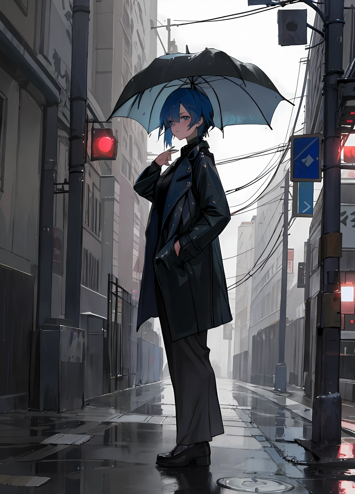 On the street where it rained at night stood a blue-haired ager in a black trench coat