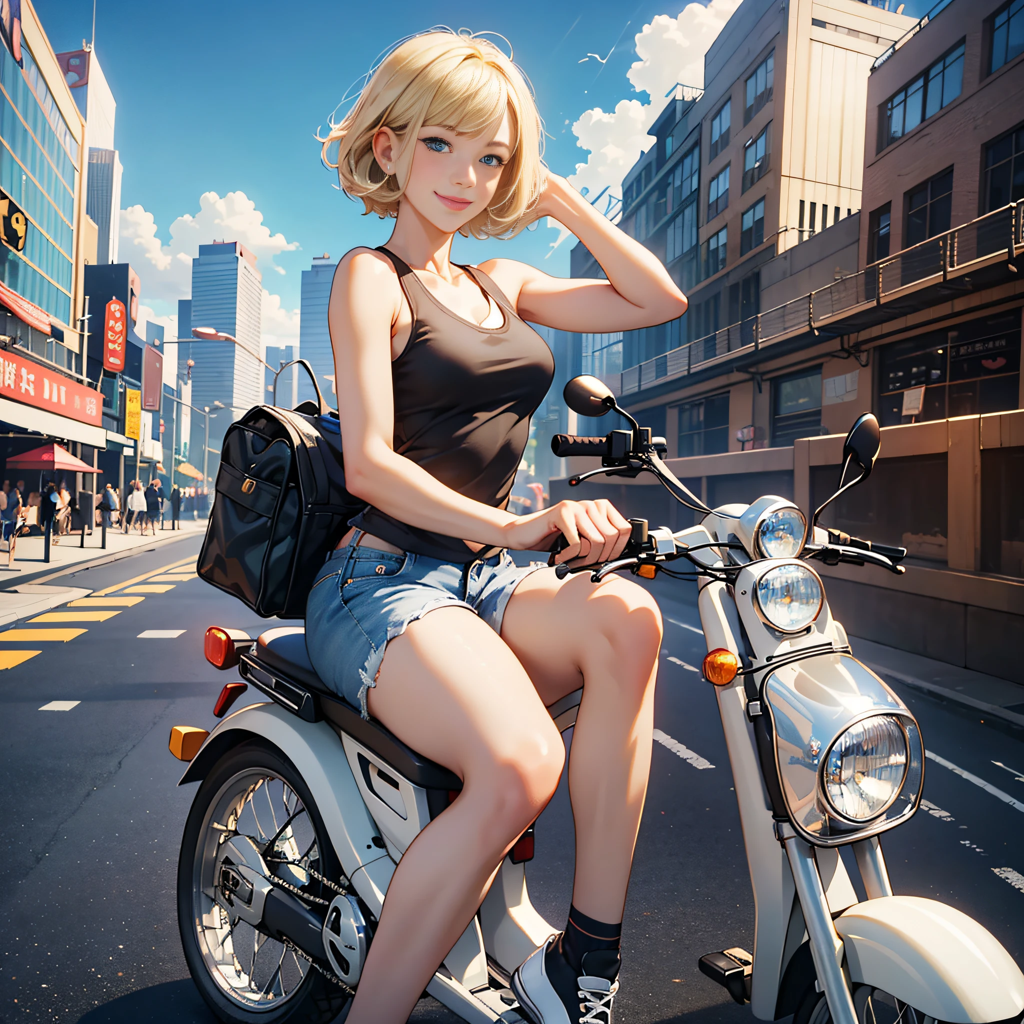 {{masterpiece, best quality, extremely detailed CG, unity 8k wallpaper, cinematic lighting}}, Yokohama city with a harbor , a beautiful girl riding a moped, 1Girl, The protagonist is a stunning upper body girl, blonde short bob, smile, wearing a white tank top, distressed denim shorts: 1.3, white basketball shoes, moped,