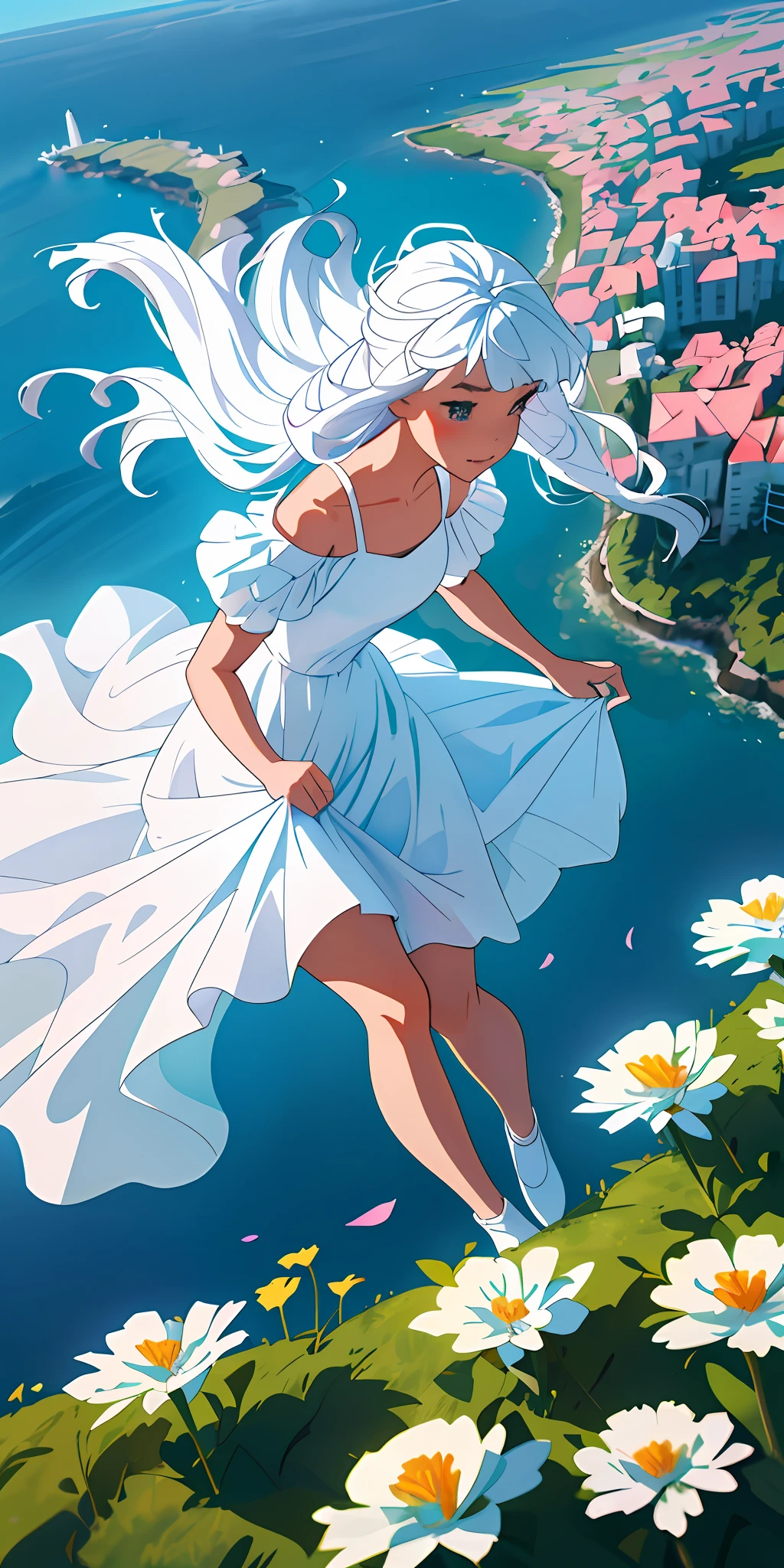 particle effect, sea of flowers, lots of flowers, flowers, flowers, young beautiful girl in flowing white dress, flowing white dress, visual tension, elevation view