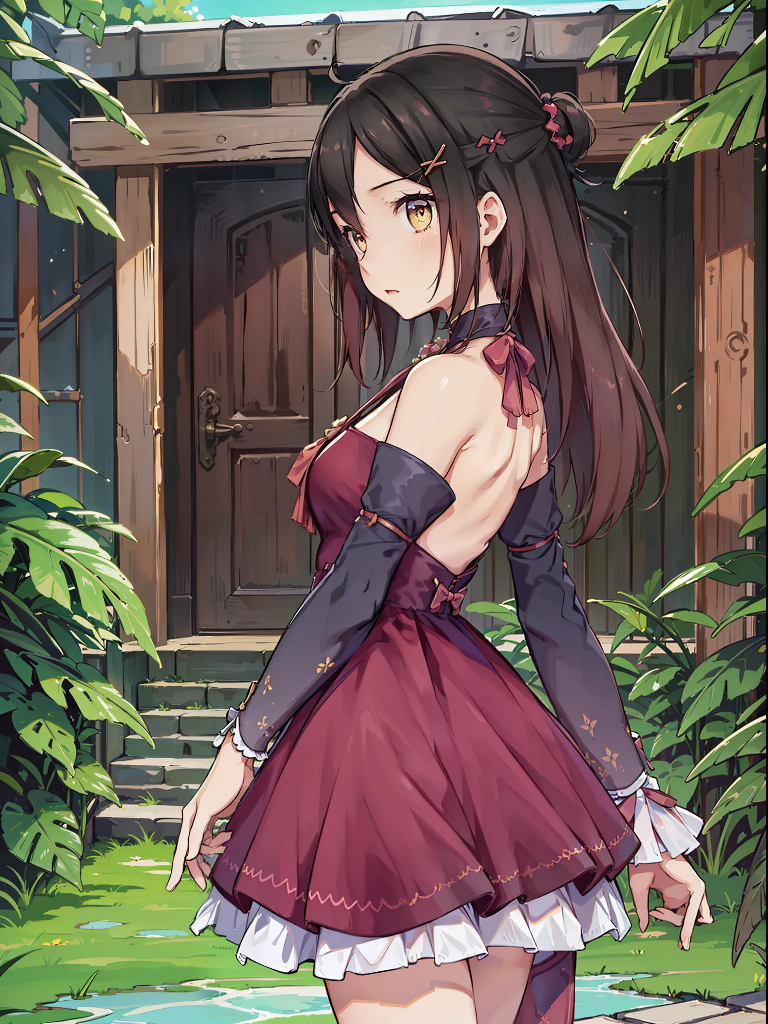 1girl, Young girl, Soft, Delicate, Petite, Fair skin, Smooth texture, Small and well-shaped breasts, Exquisite facial features, Silky and smooth skin, Bright and watery eyes, Graceful body curves, Slim and slender figure, Cute dress, shy, Sony FE, from behind, from outside, projected inset, masterpiece, highres, high details
