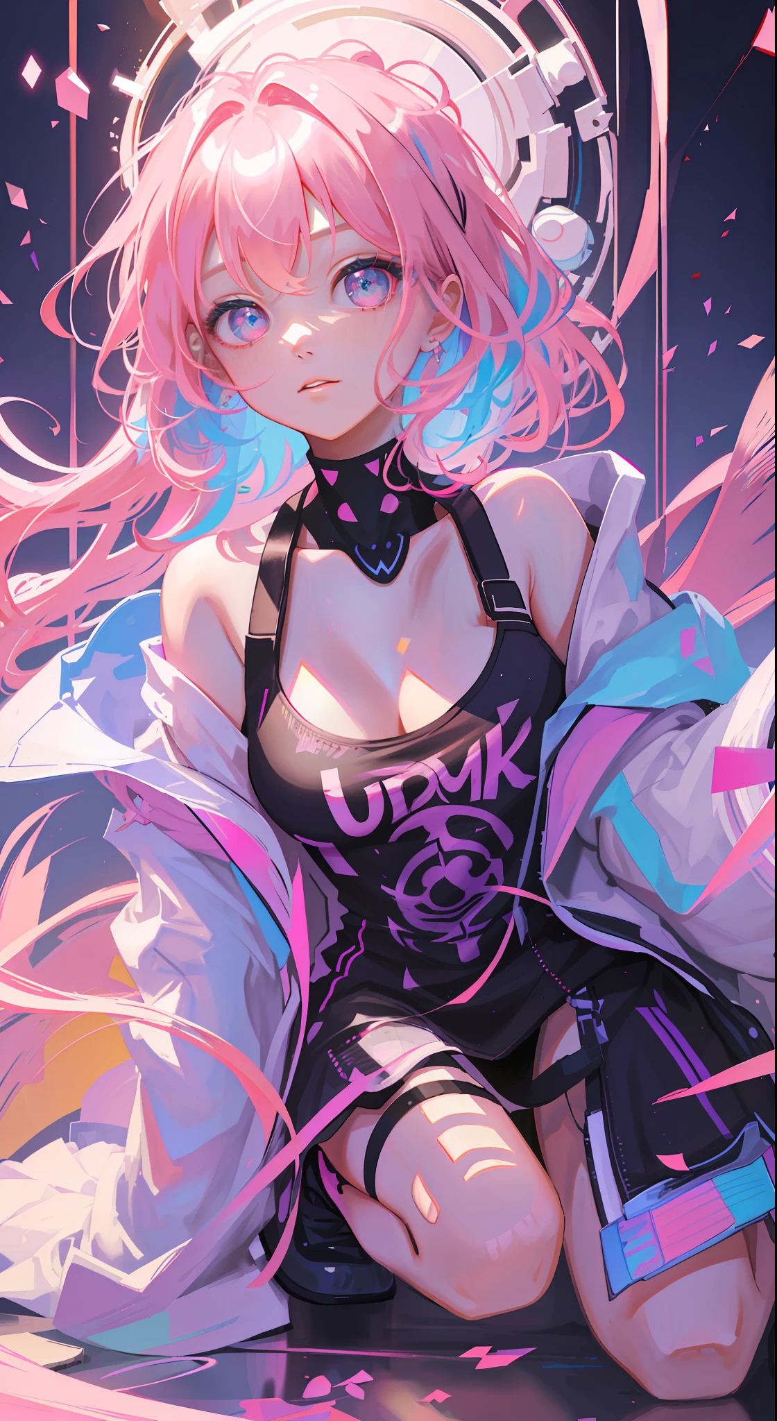 Beautiful girl, pink hair , pink eyes, short hair, kneeling , (masterpiece), (best quality), (ultra detailed),(disheveled hair),(illustration), (1girl), (Fashionable clothing), standing,Fashion model,looking at viewer, (interview), (simple background),beautiful detailed eyes,delicate beautiful face,Floating,(high saturation),(colorful splashes),colorful bubble,(shining),focus on face,