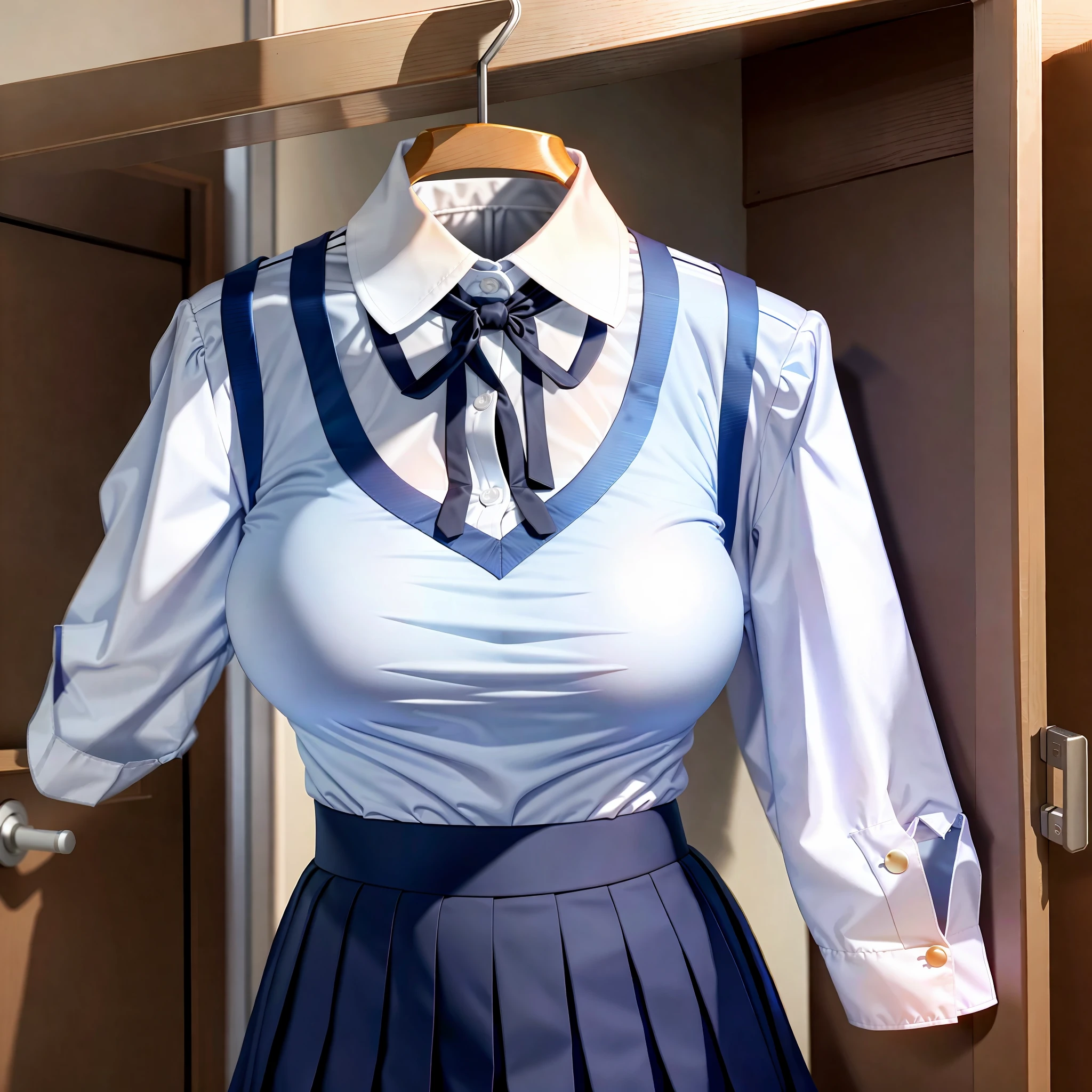 school uniforms in the closet raise their sleeves as if invisible girl wear them, school uniforms swells as if possessed by invisible girls, school uniforms have huge breasts and cleavage, (((no humans))), (headless), faceless, invisible girls, jk ribbon on the neck,