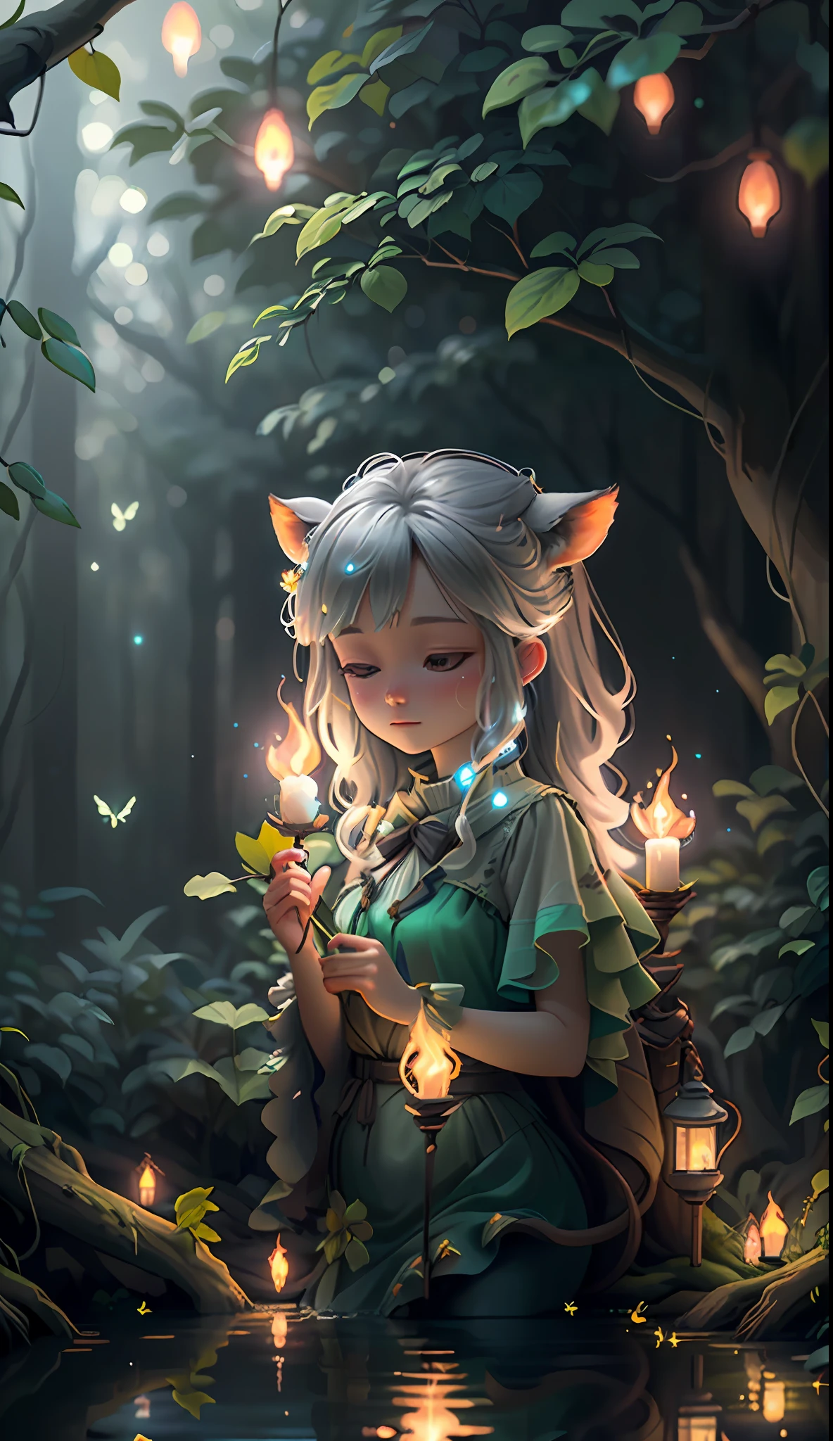 Masterpiece, best quality, (very detailed CG unity 8k wallpaper), (best quality), (best illustration), (best shadows), glow sprite, with a glowing deer, in the swimming pool Drinking water, natural elements in the forest theme. Mysterious forest, beautiful forest, nature, surrounded by flowers, delicate leaves and branches surrounded by fireflies (natural elements), (jungle theme), (leaves), (twigs), (fireflies), (particle effects) etc. 3D , Octane rendering, ray tracing, super detailed