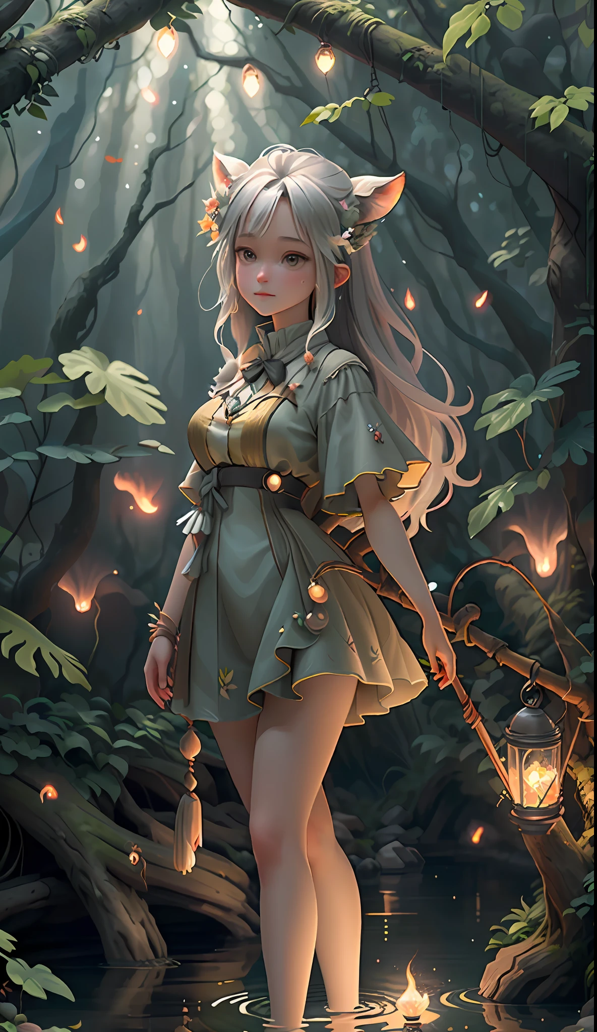 Masterpiece, best quality, (very detailed CG unity 8k wallpaper), (best quality), (best illustration), (best shadows), glow sprite, with a glowing deer, in the swimming pool Drinking water, natural elements in the forest theme. Mysterious forest, beautiful forest, nature, surrounded by flowers, delicate leaves and branches surrounded by fireflies (natural elements), (jungle theme), (leaves), (twigs), (fireflies), (particle effects) etc. 3D , Octane rendering, ray tracing, super detailed