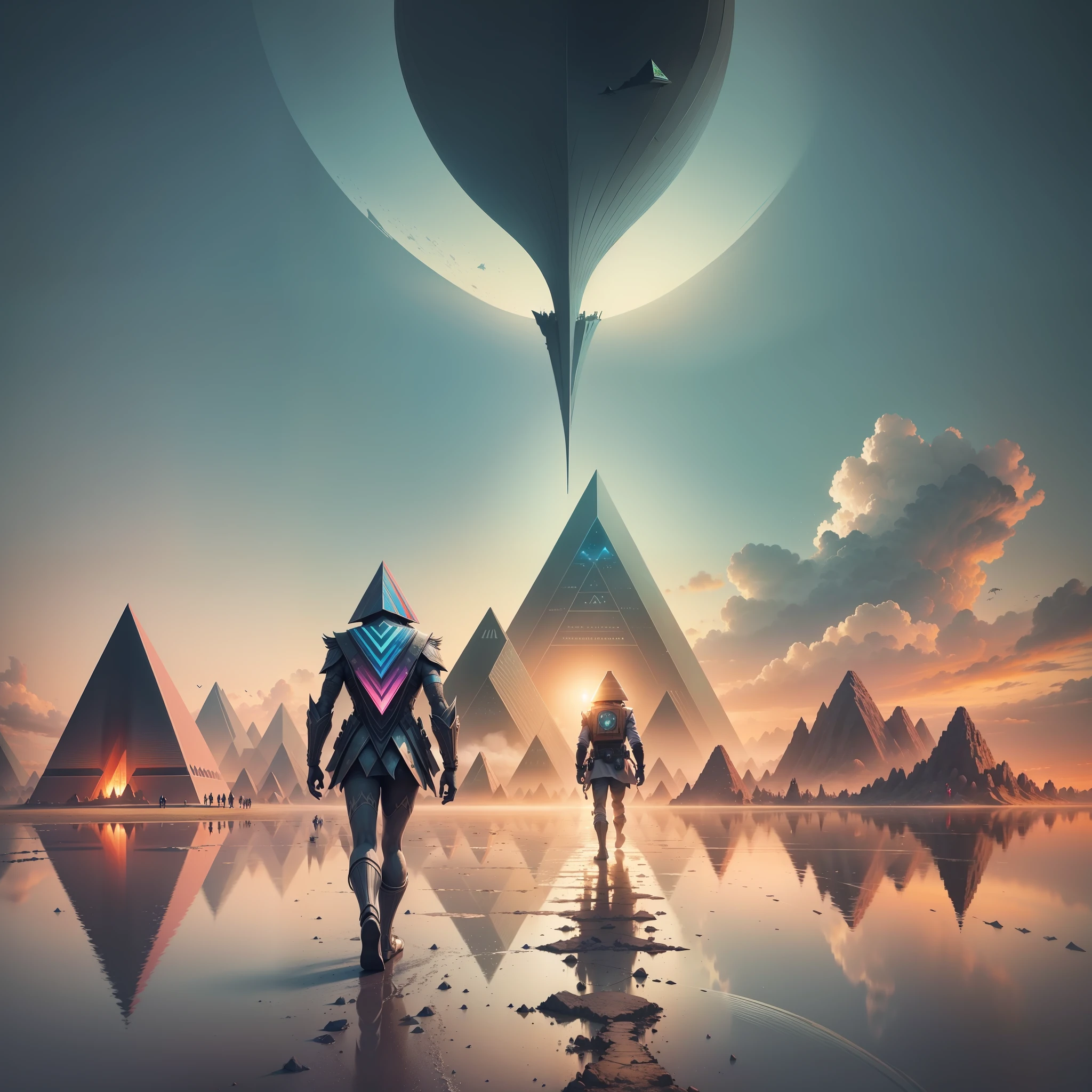 man walking sideways over time, in a row, at the bottom some pyramids, cavemen and dinosaurs, at the top futuristic ships, and futuristic buildings, inspired by psychedelia, time travel, pink floyd, epic, 8k, art, psychedelic