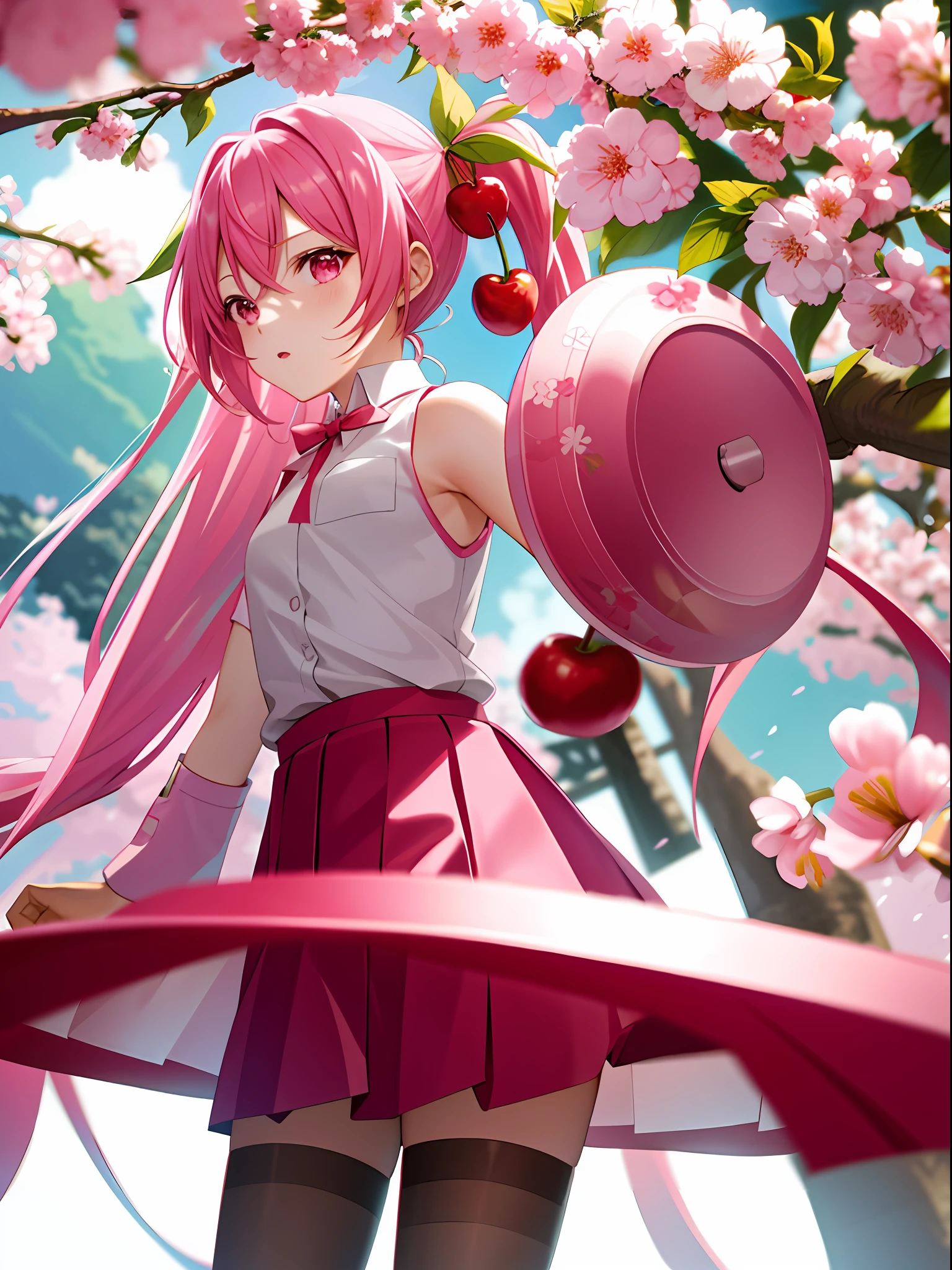 1 girl, Solo, Pink hair, Pink eyes, Twin tails, Food-themed ornaments, cherry_ornament, (cherry_blossom print)), Sleeveless, Sleeveless shirt, Parted sleeves, White shirt, Pink tie, Petals, Pink skirt, Rim light, pink_pantyhose, bare_ shoulders, pink sleeves,