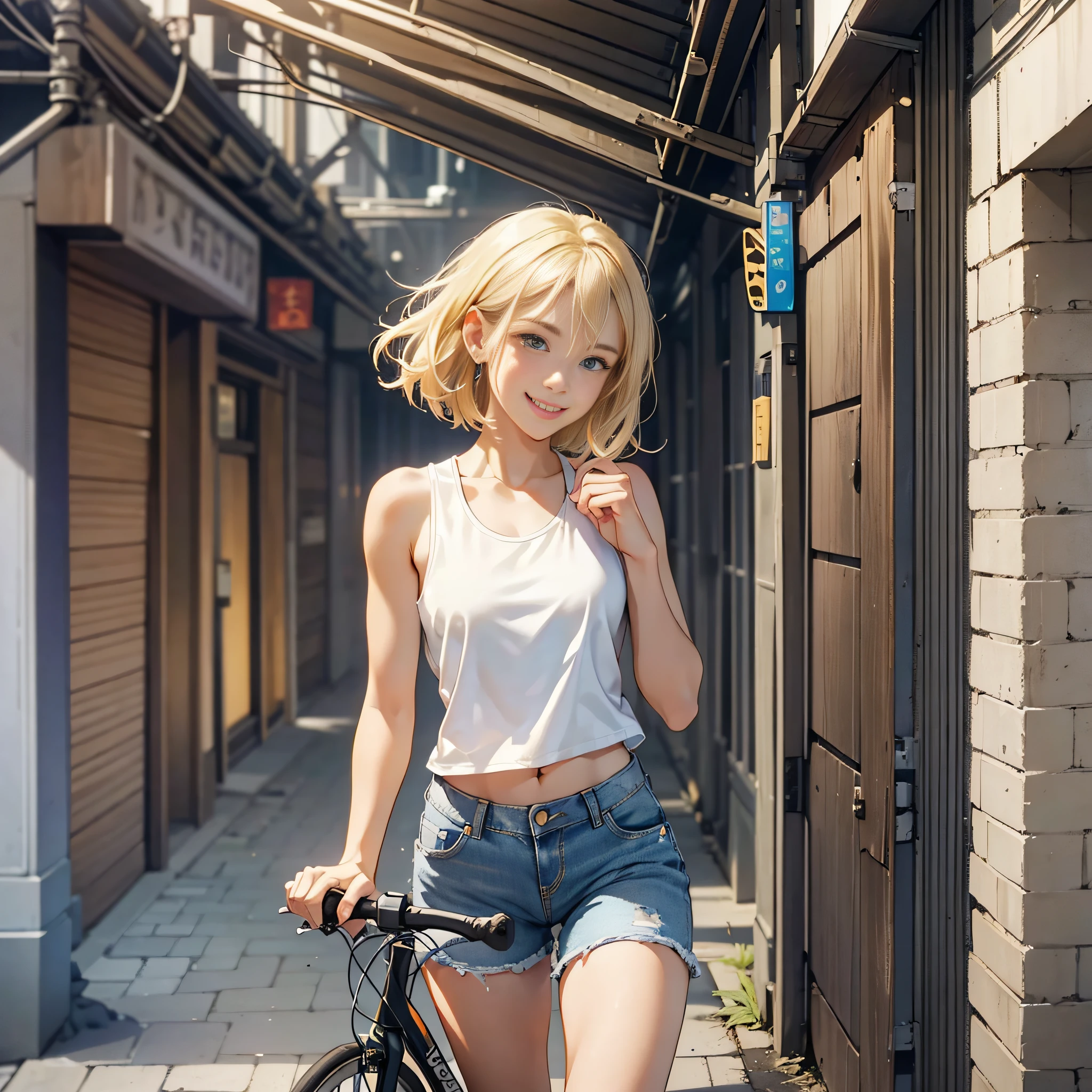 {{masterpiece, best quality, extremely detailed CG, unity 8k wallpaper, cinematic lighting}}, Yokohama city with a harbor , a beautiful girl riding a cross bike, 1Girl, The protagonist is a stunning upper body girl, blonde short bob, smile , wearing a white tank top, distressed denim shorts: 1.3, white basketball shoes, cross bike,