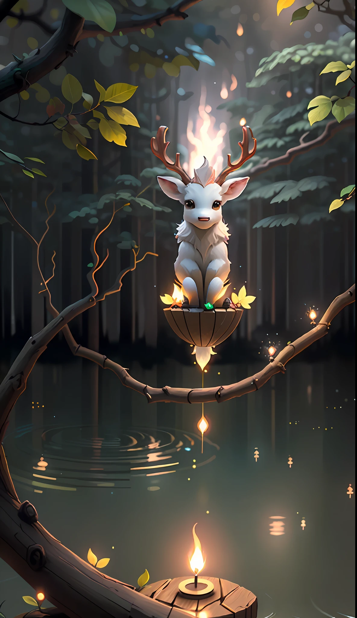 Masterpiece, best quality, (very detailed CG unity 8k wallpaper), (best quality), (best illustration), (best shadows), glow sprite, with a glowing deer, in the swimming pool Drinking water, natural elements in the forest theme. Mysterious forest, beautiful forest, nature, surrounded by flowers, delicate leaves and branches surrounded by fireflies (natural elements), (jungle theme), (leaves), (twigs), (fireflies), (particle effects) etc. 3D , Octane rendering, ray tracing, super detailed