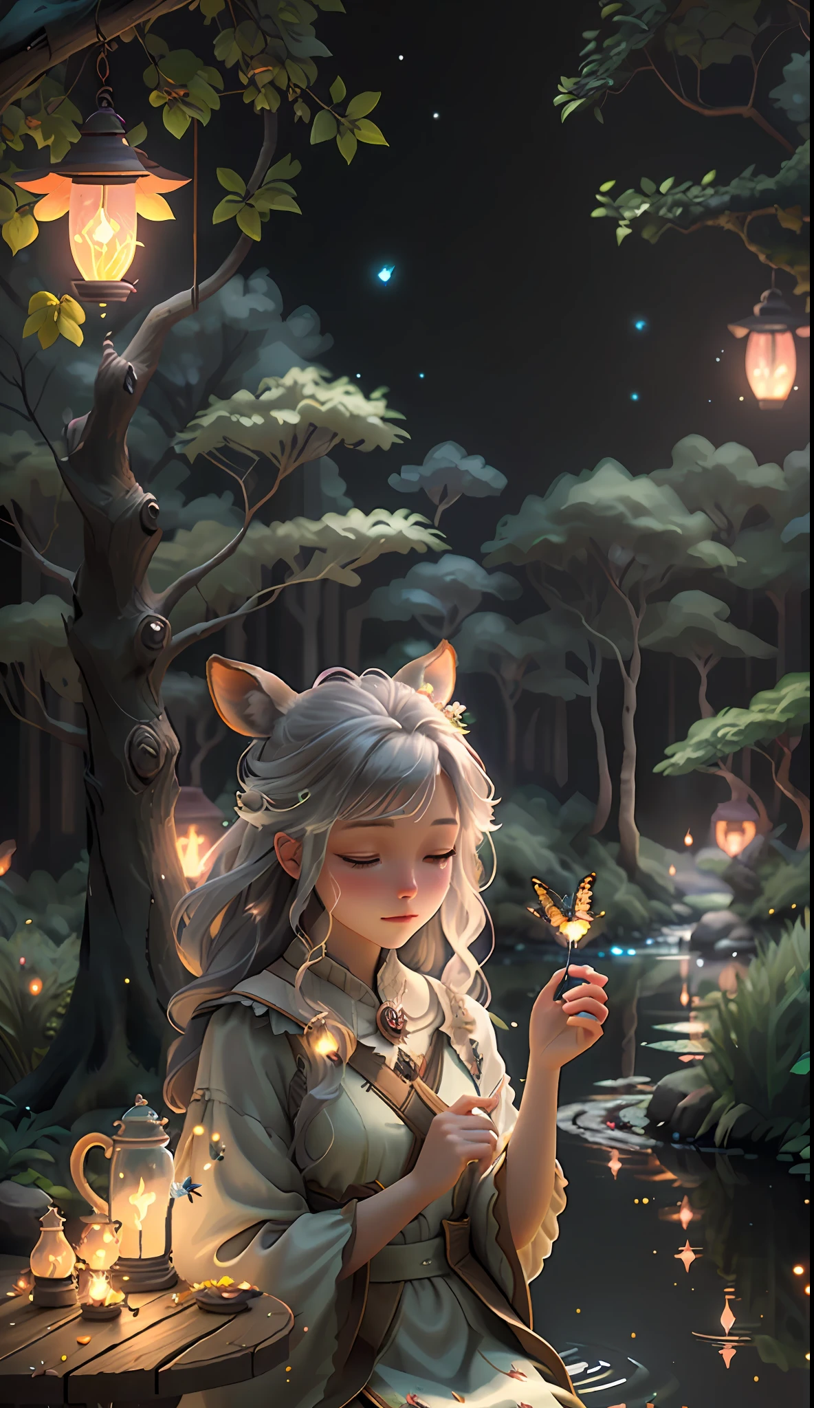 Masterpiece, best quality, (very detailed CG unity 8k wallpaper), (best quality), (best illustration), (best shadows), glow sprite, with a glowing deer, in the swimming pool Drinking water, natural elements in the forest theme. Mysterious forest, beautiful forest, nature, surrounded by flowers, delicate leaves and branches surrounded by fireflies (natural elements), (jungle theme), (leaves), (twigs), (fireflies), (particle effects) etc. 3D , Octane rendering, ray tracing, super detailed