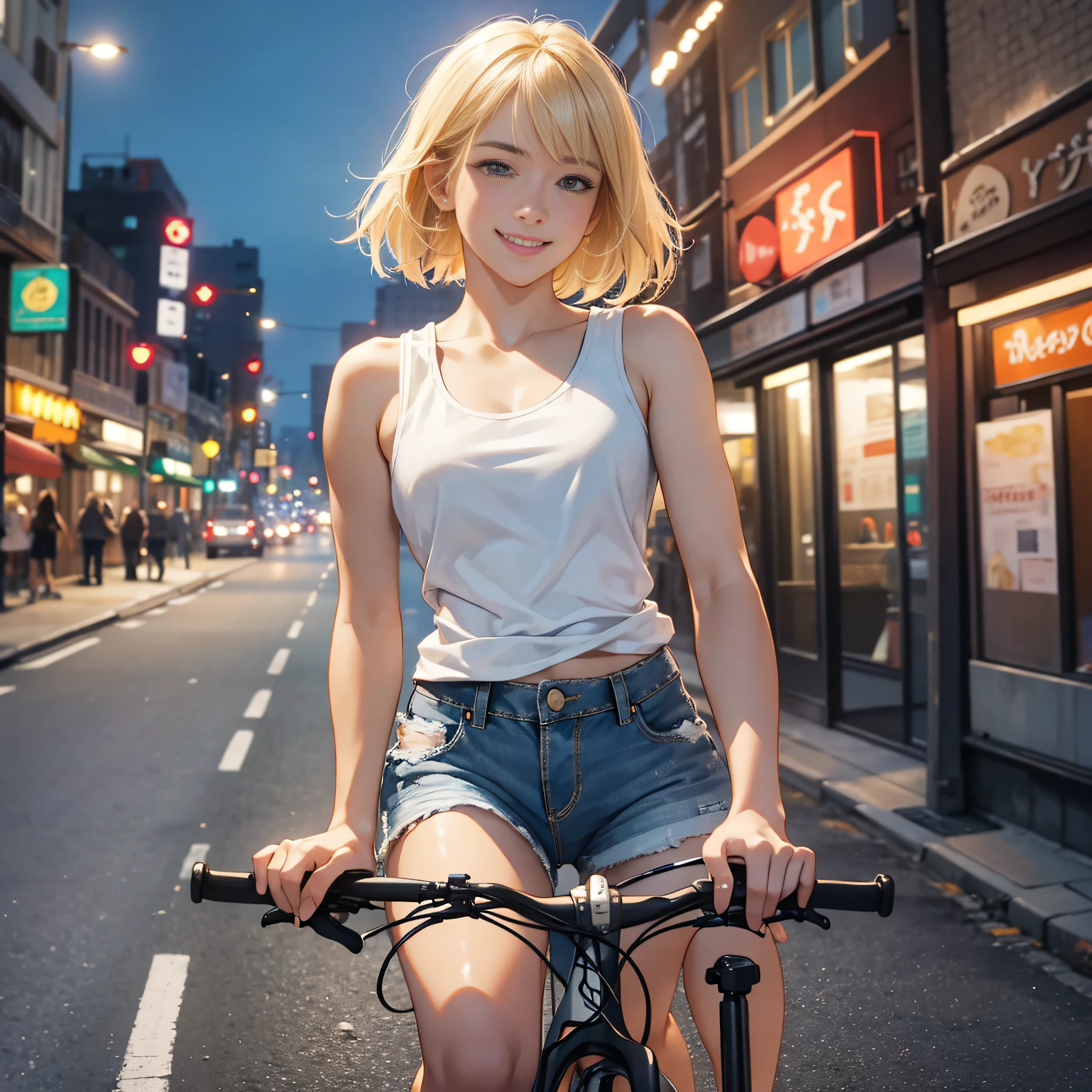 {{masterpiece, best quality, extremely detailed CG, unity 8k wallpaper, cinematic lighting}}, Yokohama city with a harbor , a beautiful girl riding a bike, 1Girl, The protagonist is a stunning upper body girl, blonde short bob, smile , wearing a white tank top, distressed denim shorts: 1.3, white basketball shoes, city bike, cross bike, mountain biking,