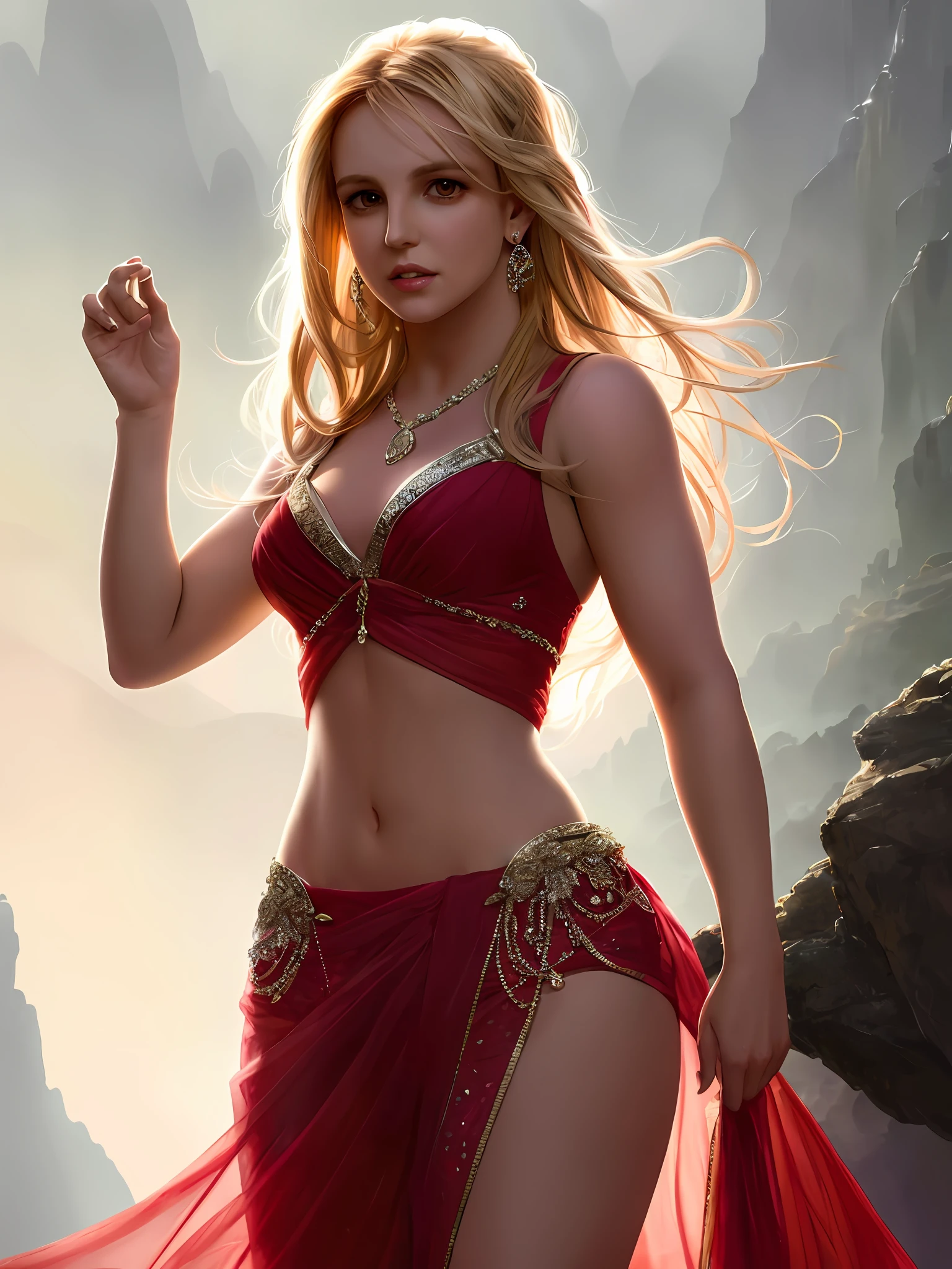 (Britney Spears) modelshoot style, (extremely detailed CG 8k wallpaper), full body photo of the most beautiful artwork in the world, incredibly beautiful photos of cute realistic women in saree (navel: 1.5), majestic professional oil painting by Ed Blinkey, Atey Ghailan, Studio Ghibli, by Jeremy Mann, Greg Manchess, Antonio Moro, trend at ArtStation, trend at CGSociety, Intricate, High Detail, Sharp Focus, Dramatic and Photorealistic Art by Midjourney and Greg Rutkowski too many fingers, long neck, T-shirt, bad colors, deformations, bad art, blurred colors.
