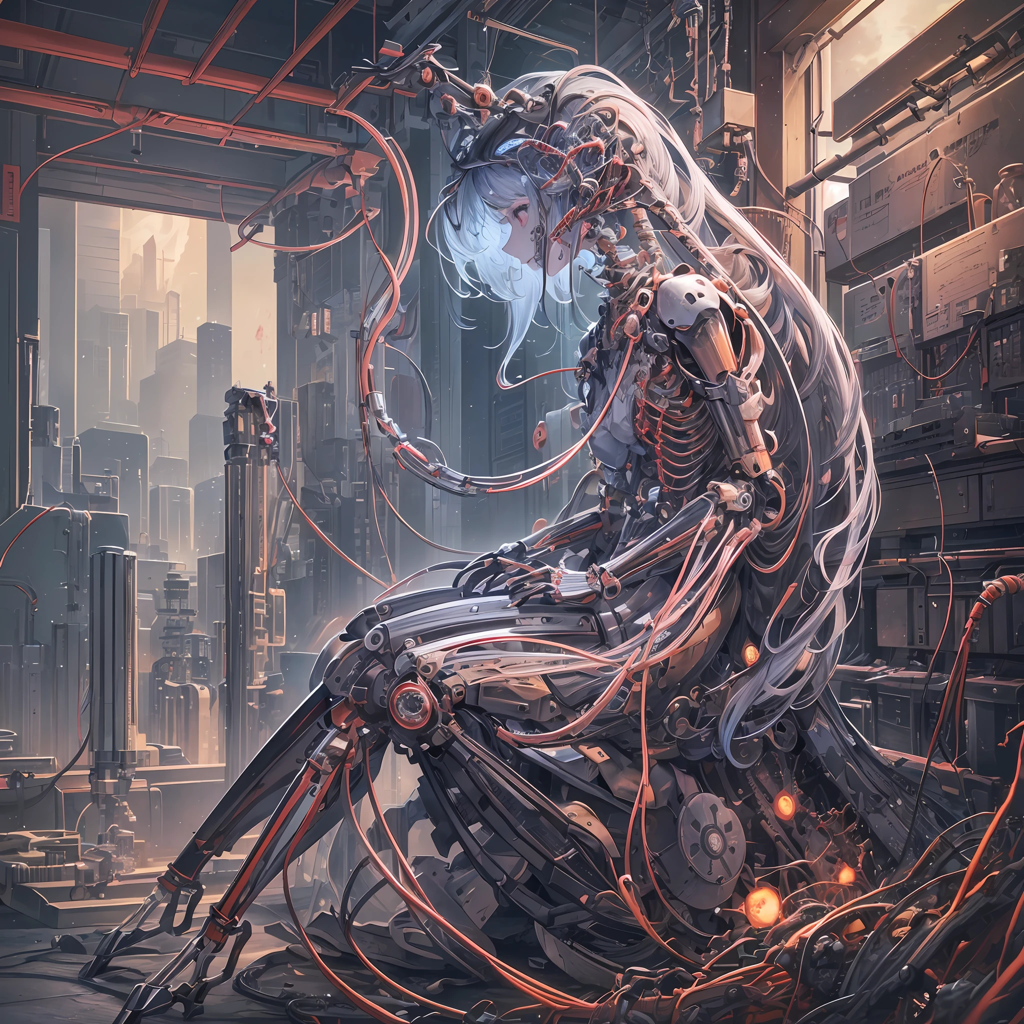 (Masterpiece, Top Quality, Best Quality, Official Art, Beautiful Indulgence: 1.2), (1 Girl: 1.3), Very Detailed, Colorful, Supreme Detail ((Ultra Detailed)), (Highly Detailed CG Illustration), (Very Delicate and Beautiful)), (From the Side), Cinematic Light, (1 Machine Girl)), Solo, Full Body, (Mechanical Joints: 1.2), ((Mechanical limbs)), (Blood vessels connected to tubes), ( Mechanical vertebrae attached to the back), ((mechanical cervical vertebrae attached to the neck)), (sitting), expressionless, (wires and cables attached to the neck: 1.2), (head wires and cables: 1.2) (character focus), science fiction, fantasy landscape --auto --s2