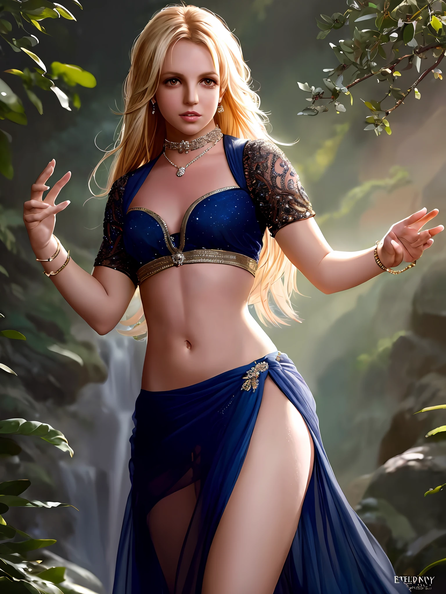(Britney Spears) modelshoot style, (extremely detailed CG 8k wallpaper), full body photo of the most beautiful artwork in the world, incredibly beautiful photos of cute realistic women in saree (navel: 1.5), majestic professional oil painting by Ed Blinkey, Atey Ghailan, Studio Ghibli, by Jeremy Mann, Greg Manchess, Antonio Moro, trend at ArtStation, trend at CGSociety, Intricate, High Detail, Sharp Focus, Dramatic and Photorealistic Art by Midjourney and Greg Rutkowski too many fingers, long neck, T-shirt, bad colors, deformations, bad art, blurred colors.