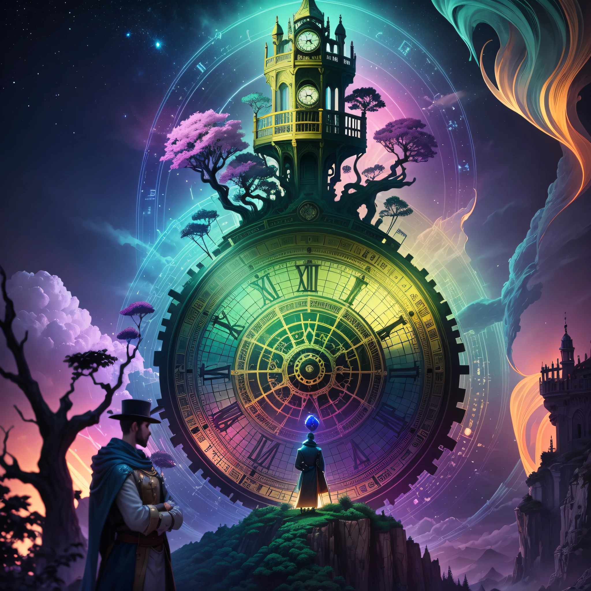 A photograph of a surreal landscape where the sky is made of pixelated rainbows, and the clouds are floating parchment paper. A clockwork palace stands atop a distant mountain, while a giant floating head of a god observes. In the foreground, a group of people has gathered around a statue of a twisted, melting chronometer, which emits a bright glow. The scene is illuminated entirely by phosphorescent flowers, creating a fantasy ambiance. --auto --s2