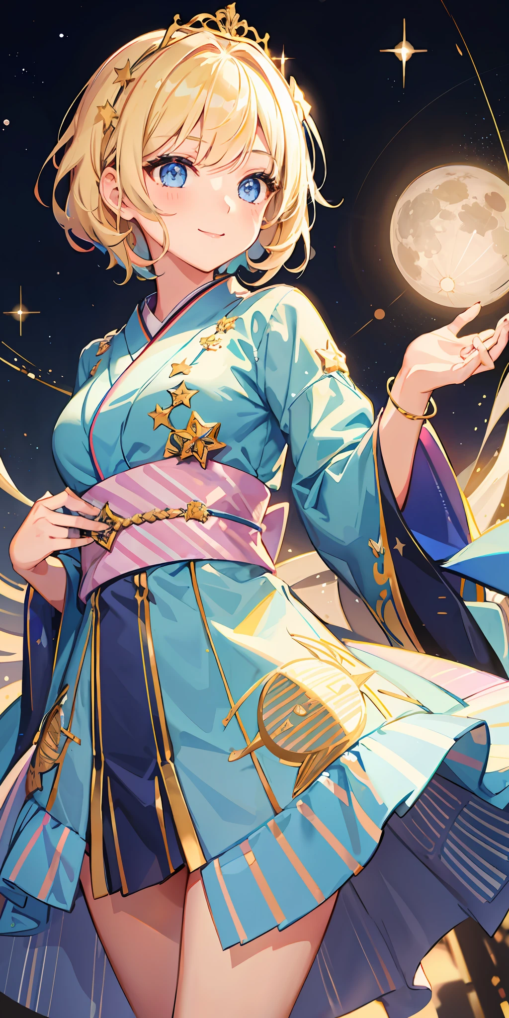 1girl, bright, blonde, light blue eyes, heart motif, star, moon, short hair, uniform bangs, multicolored hair, princess, saleme, side lights, light particles, wallpaper, big, plump, idol, idol costume, cute costume, fabulous costume, kimono, loose, smile, gentle, clear, loli, sexy