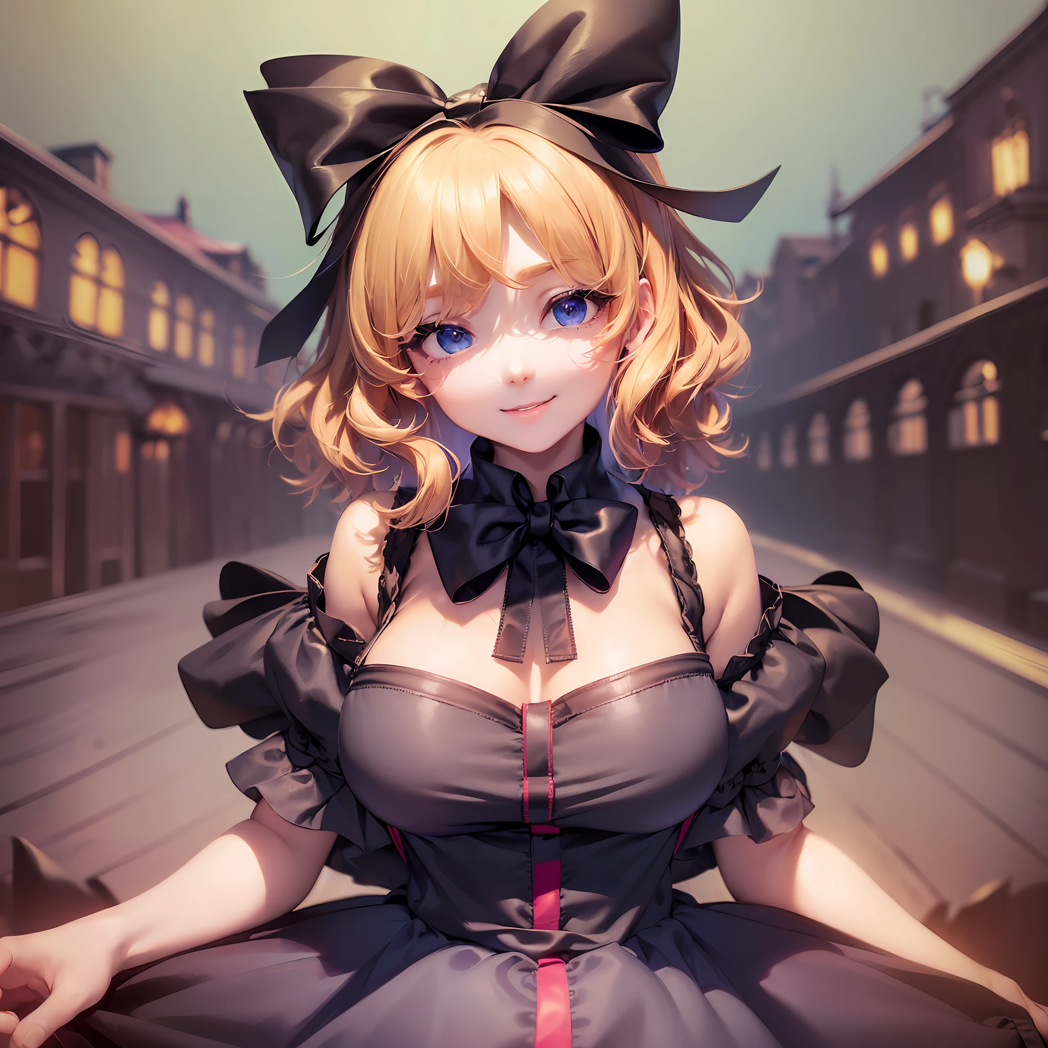 {{mksks style}}, (1girl:1.2), solo female, Touhou, ((masterpiece)), ((sole female)), ((depth of field)), ((tone mapping)), (sharp detail), (perspective), ((high resolution)), (lighting), Medicine Melancholy, ((blonde hair)), ((short hair)), ((wavy hair)), ((blue eyes)), ((red bow)), ((hair bow)), ((giant ribbon)), large breasts, ((black dress)), ((backless dress)), ((gothic dress)), gothic lolita, perfect face,(large ass), (thick thighs), (hands on hips), black dress, (ass focus), (shirt collar), long dress, ((shirt dress)), ((seductive smile)), simple Background, (wide hips), (huge breasts)), ((thick eyelashes)), (flower meadow), (Lily-of-the-valley), ((short sleeves)), ((looking at viewer)), ((perfect face)), ((expressive eyes)),