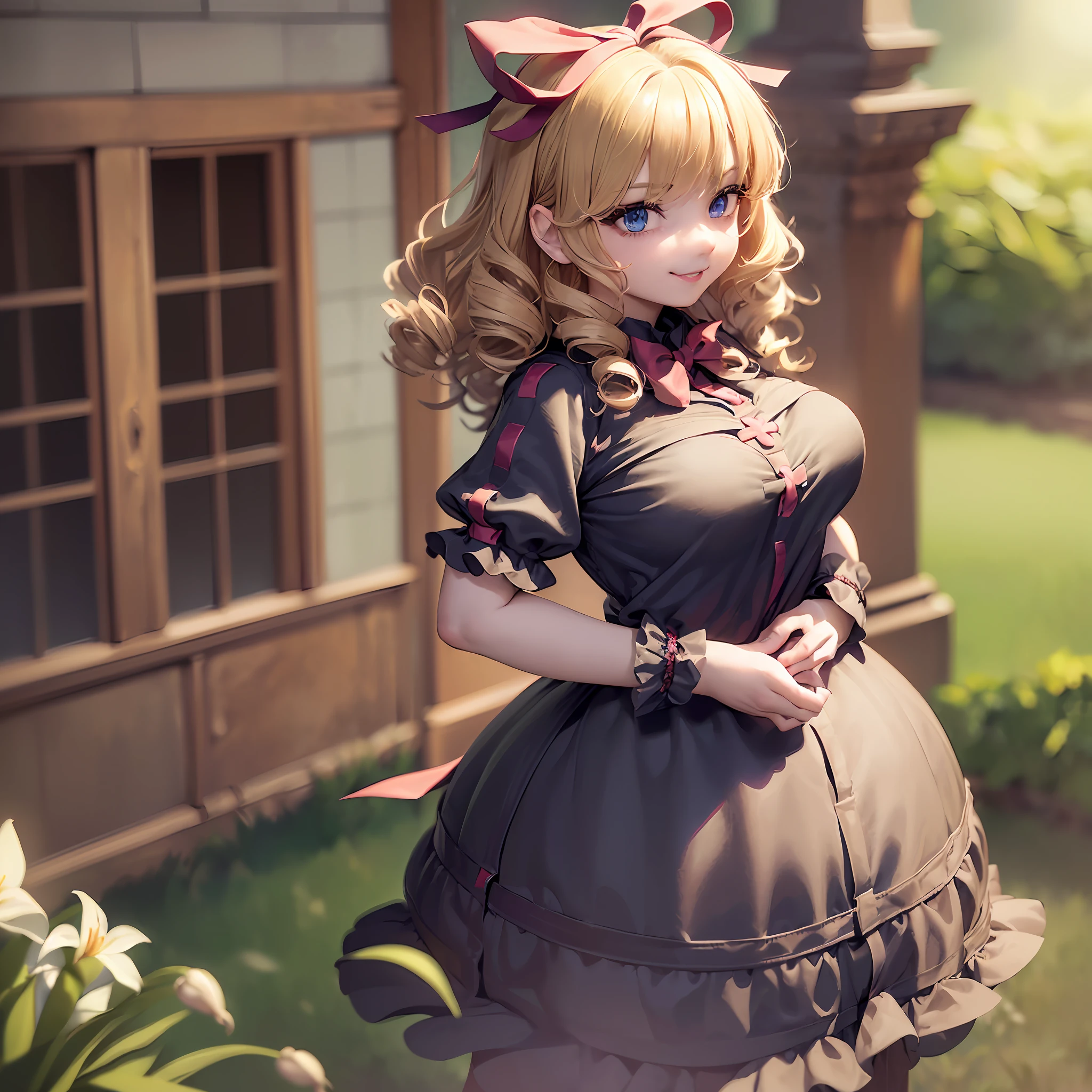 {{mksks style}}, (1girl:1.2), solo female, Touhou, ((masterpiece)), ((sole female)), ((depth of field)), ((tone mapping)), (sharp detail), (perspective), ((high resolution)), (lighting), Medicine Melancholy, ((blonde hair)), ((short hair)), ((wavy hair)), ((blue eyes)), ((red bow)), ((hair bow)), ((giant ribbon)), large breasts, ((black dress)), ((backless dress)), ((gothic dress)), gothic ta, perfect face,(large ass), (thick thighs), (hands on hips), black dress, (ass focus), (shirt collar), long dress, ((shirt dress)), ((seductive smile)), simple Background, (wide hips), (huge breasts)), ((thick eyelashes)), (flower meadow), (Lily-of-the-valley), ((short sleeves)), ((looking at viewer)), ((perfect face)), ((expressive eyes)),