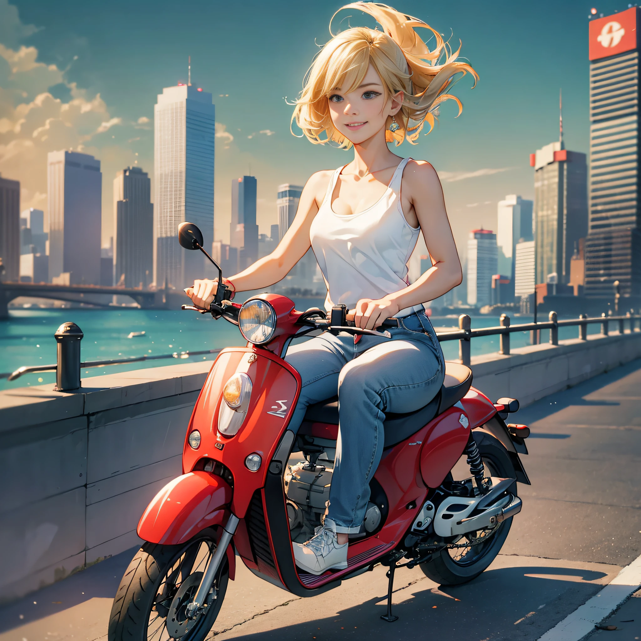 {{masterpiece, best quality, extremely detailed CG, unity 8k wallpaper, cinematic lighting}}, Yokohama city with a harbor , a beautiful girl riding a Super Cub (Scooter), 1Girl, The protagonist is a stunning upper body girl, blonde short bob, smile, wearing a white tank top, distressed denim shorts: 1.3, white basketball shoes, Red Super Cub, Super Cub 110, Red Scooter,