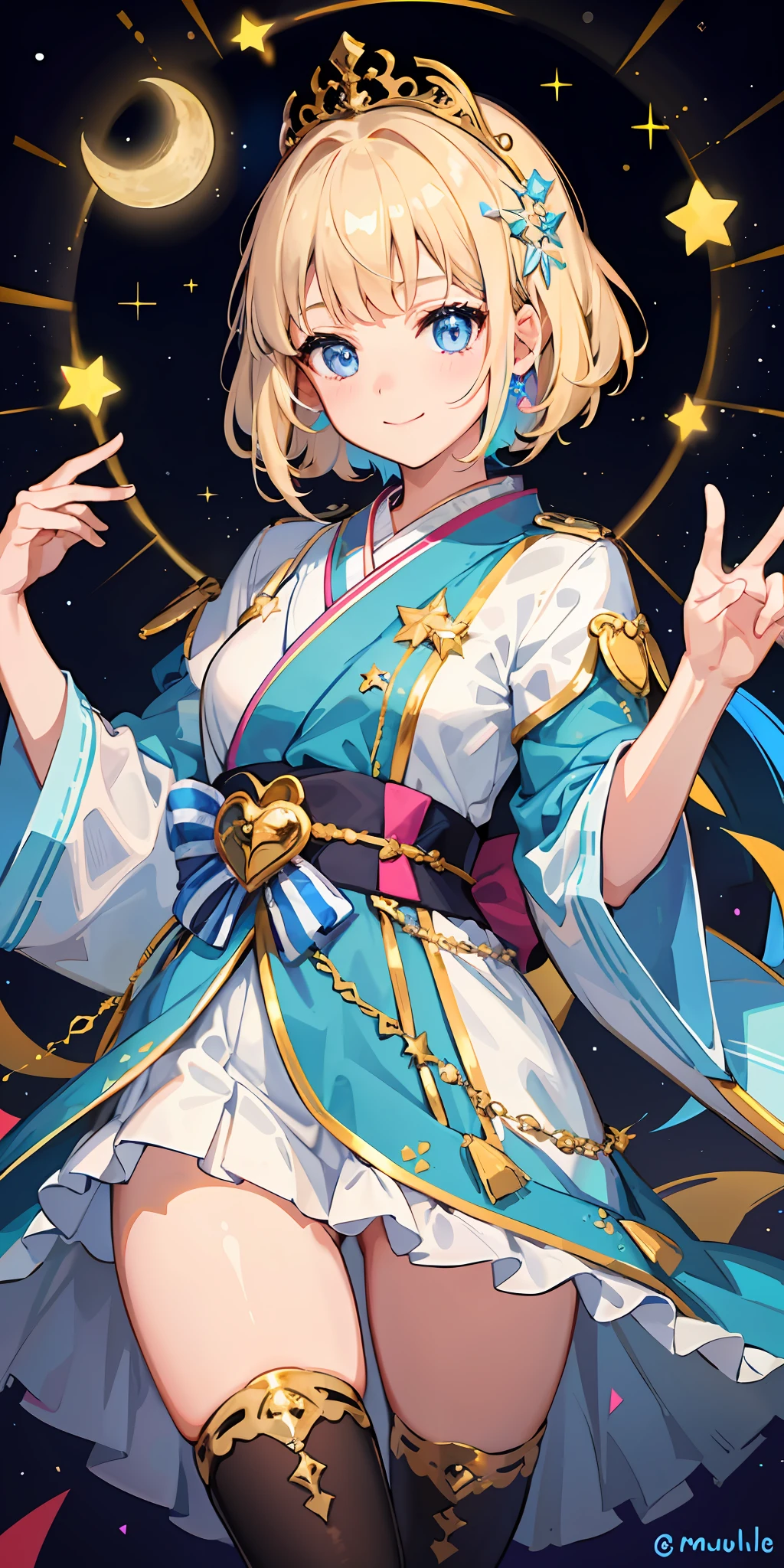 1girl, bright, blonde, light blue eyes, heart motif, star, moon, short hair, uniform bangs, multicolored hair, princess, saleme, side lights, light particles, wallpaper, big, plump, idol, idol costume, cute costume, fabulous costume, kimono, loose, smile, gentle, clear, loli, sexy