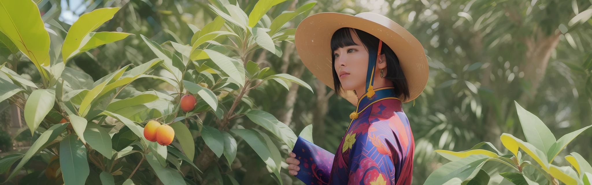 (Comic book style, 4K picture quality, meta-universe, vibrant scenes, bright colors, strong visual impact, loquat tree, Chinese style)