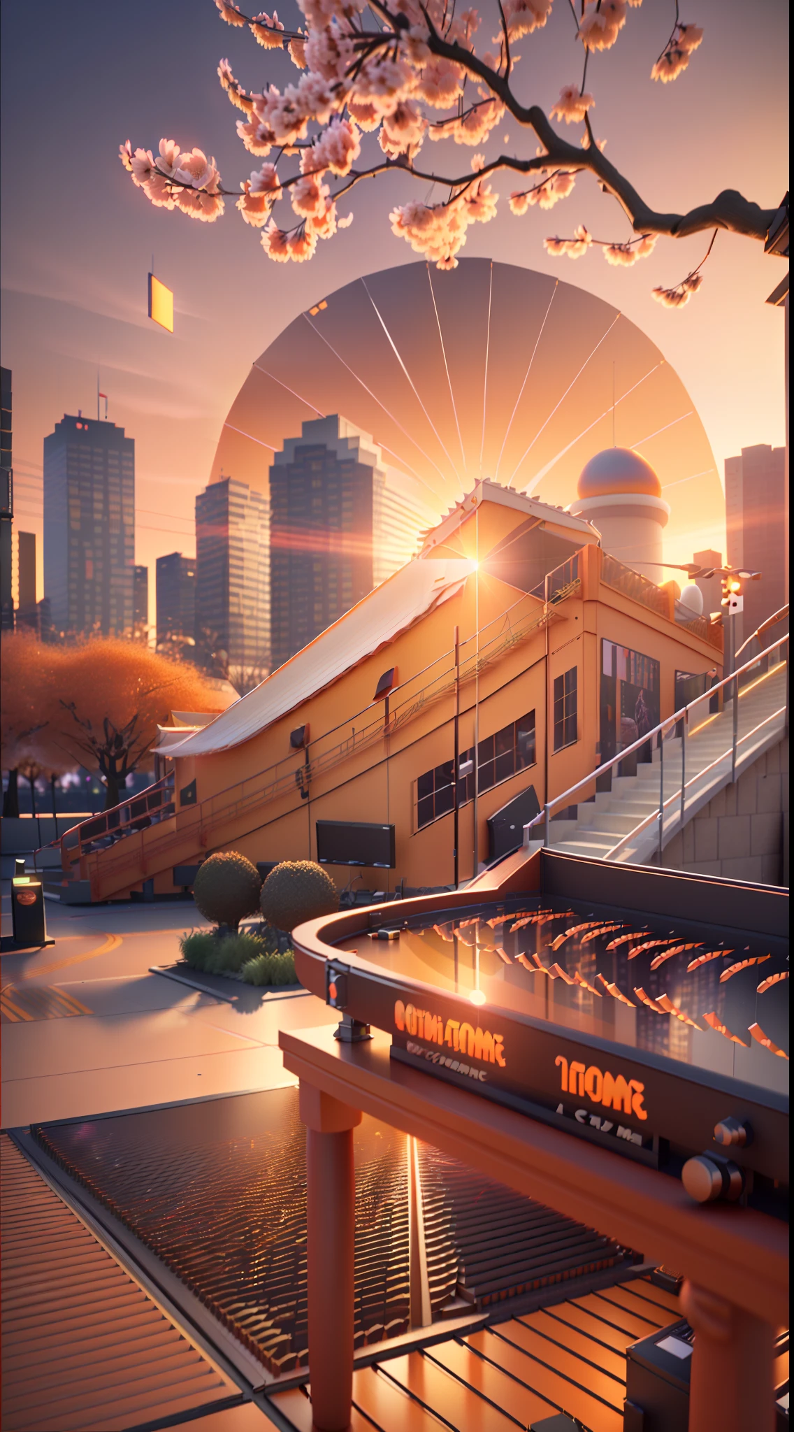 (CINEMA 4D, OCATNE, 3D modeling, 3D rendering, orange color tone, sunrise, musical instruments, exhibition booth, cherry blossoms, fireworks, 8K, city, musical instruments in the middle, dolly zoom effect, 3DMAX, MAYA, band)