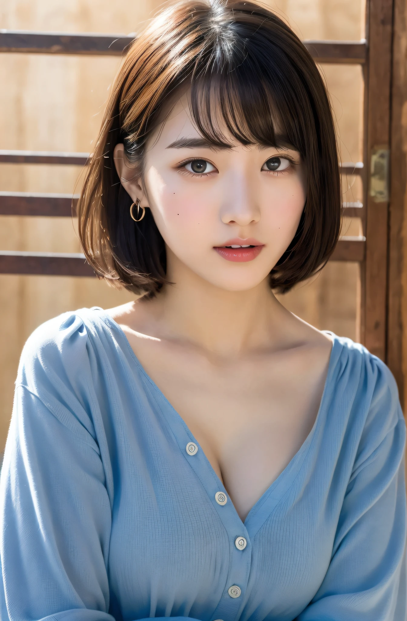 Amazing big, cleavage visible, wide open chest, embarrassing,