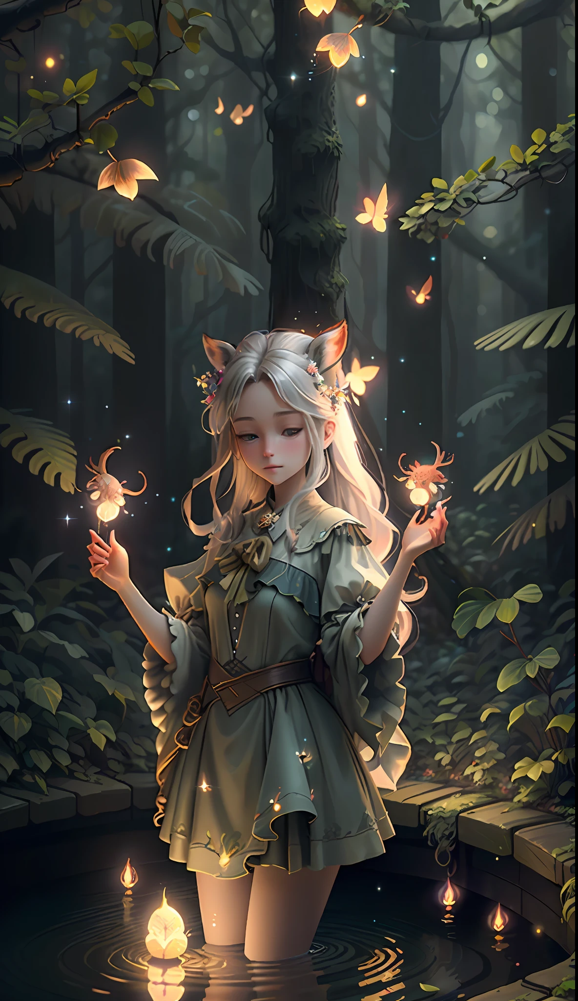 Masterpiece, best quality, (very detailed CG unity 8k wallpaper), (best quality), (best illustration), (best shadows), glow sprite, with a glowing deer, in the swimming pool Drinking water, natural elements in the forest theme. Mysterious forest, beautiful forest, nature, surrounded by flowers, delicate leaves and branches surrounded by fireflies (natural elements), (jungle theme), (leaves), (twigs), (fireflies), (particle effects) etc. 3D , Octane rendering, ray tracing, super detailed